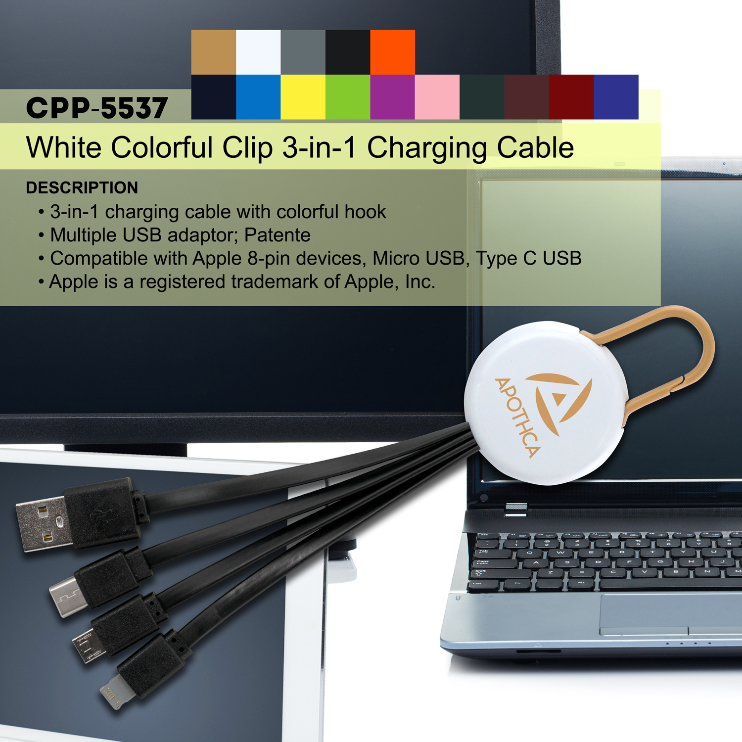 White Colorful Clip 3" 1 Charging Cable 1