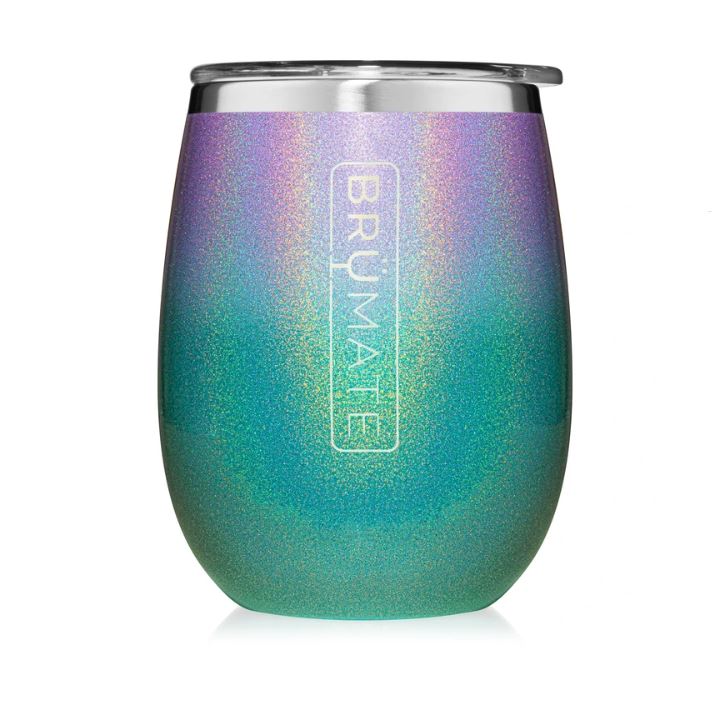 BruMate Stemless Uncork'd 14oz Wine Glass Glitter and Print Colors 1