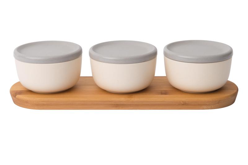 BergHoff Leo 6Pc Covered Bowl Set W/ Bamboo Tray, White 2 BergHoff Leo 6Pc Covered Bowl Set W/ Bamboo Tray, White 2