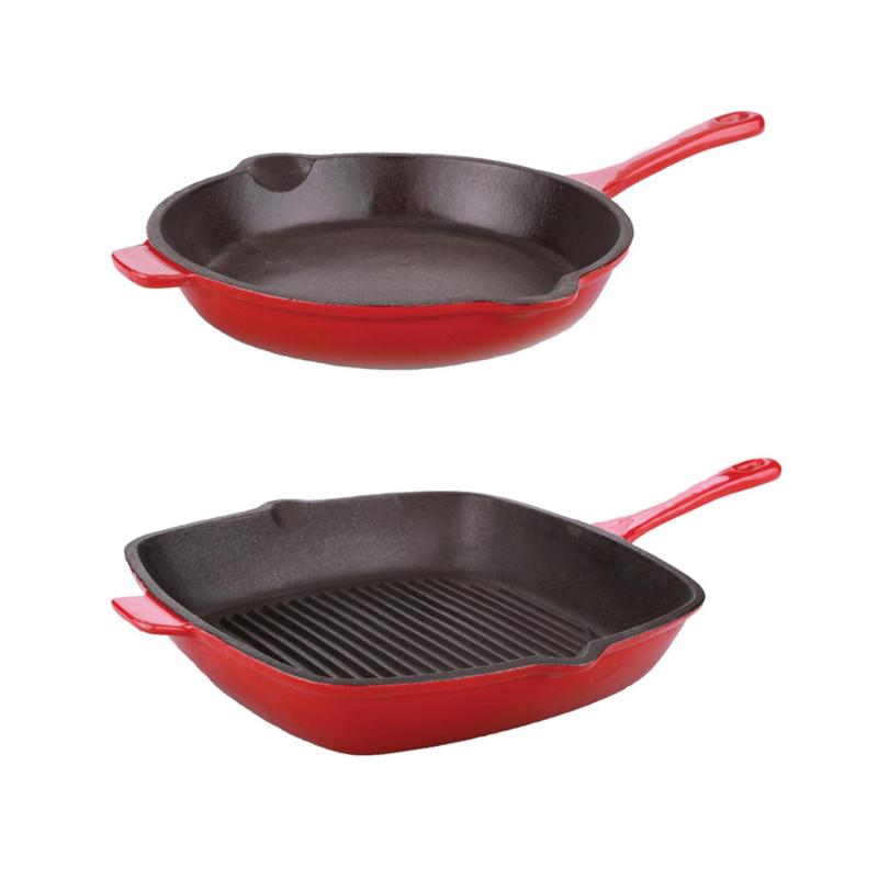 BergHoff Neo 2Pc Cast Iron Set: 10" Fry Pan & 11" Grill Pan, Red 2 BergHoff Neo 2Pc Cast Iron Set: 10" Fry Pan & 11" Grill Pan, Red 2