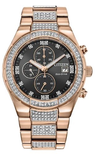 Citizen® Men%27s Crystal Eco-Drive® Rose Gold-Tone Watch w/Black Dial 1 Citizen® Men%27s Crystal Eco-Drive® Rose Gold-Tone Watch w/Black Dial 1
