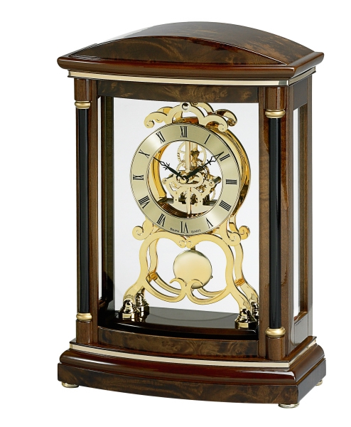 Bulova Valeria Walnut & Burl Veneer Pendulum Clock w/ Skeleton Movement 1 Bulova Valeria Walnut & Burl Veneer Pendulum Clock w/ Skeleton Movement 1
