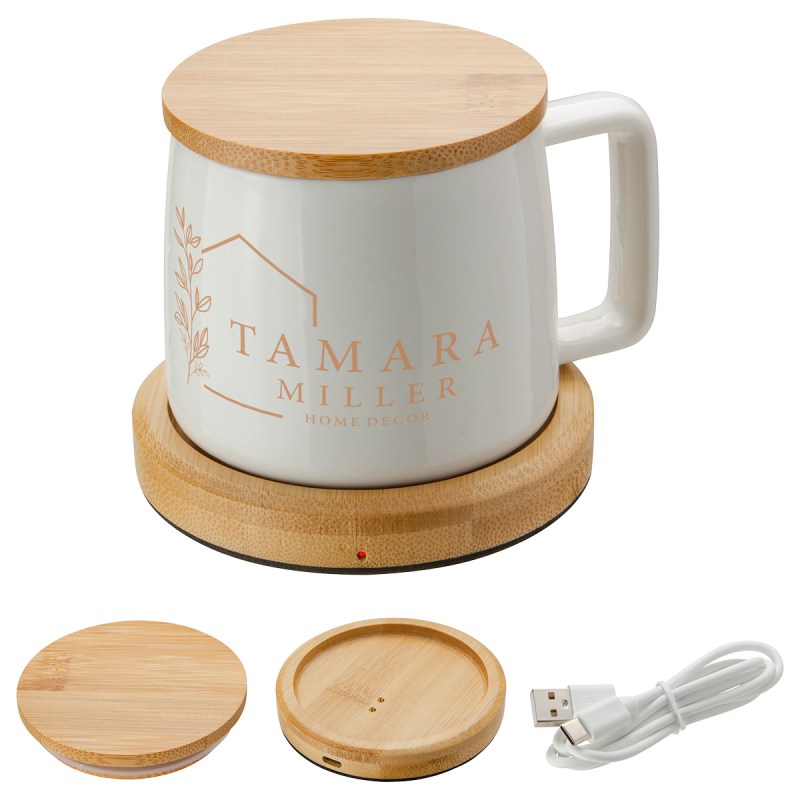 Bamboo Mug Warmer with 8 oz Ceramic Mug 1 Bamboo Mug Warmer with 8 oz Ceramic Mug 1