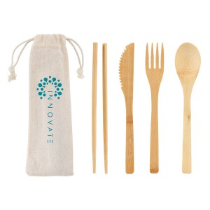 Bamboo Cutlery Set In Cotton Drawstring Pouch 1 Bamboo Cutlery Set In Cotton Drawstring Pouch 1