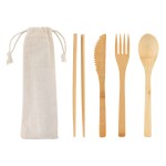 Bamboo Cutlery Set In Cotton Drawstring Pouch 2 Bamboo Cutlery Set In Cotton Drawstring Pouch 2