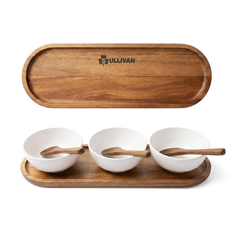 Sullivan Melamine Bowl Set With Acacia Wood Holder 1 Sullivan Melamine Bowl Set With Acacia Wood Holder 1