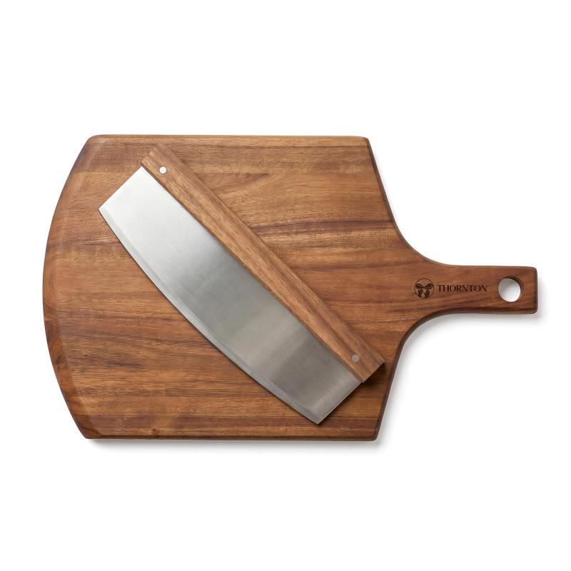 Thornton Stainless Pizza Knife And Acacia Wood Cutting Board 1 Thornton Stainless Pizza Knife And Acacia Wood Cutting Board 1