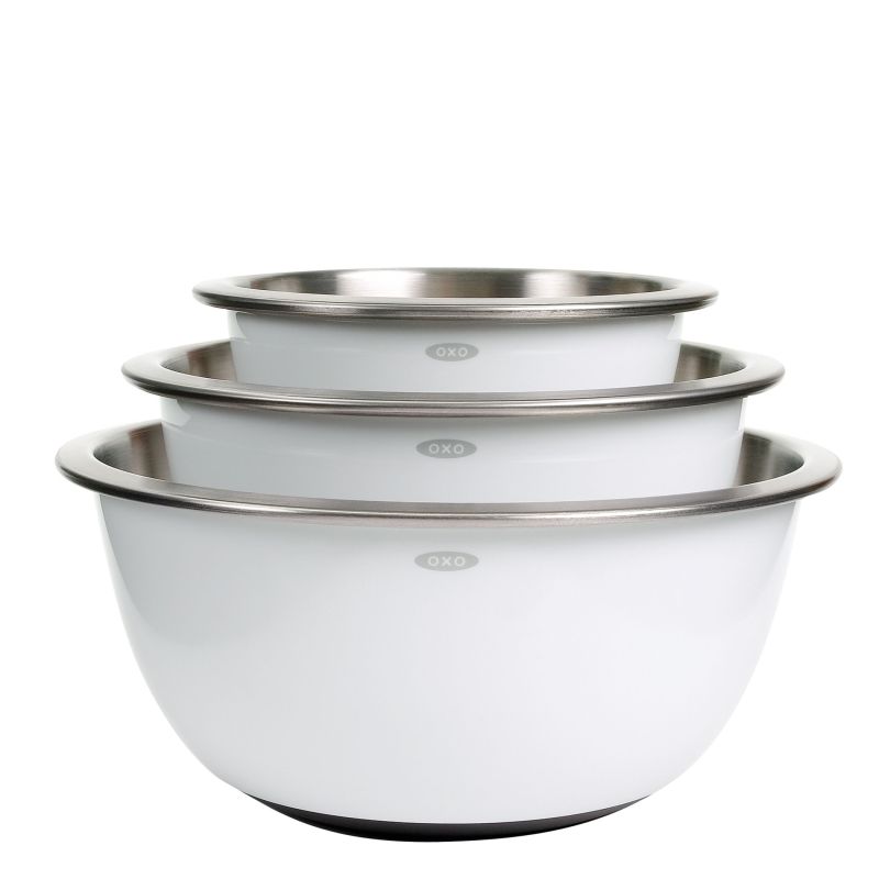 OXO 3 Piece White Stainless Steel Mixing Bowl Set 2 OXO 3 Piece White Stainless Steel Mixing Bowl Set 2