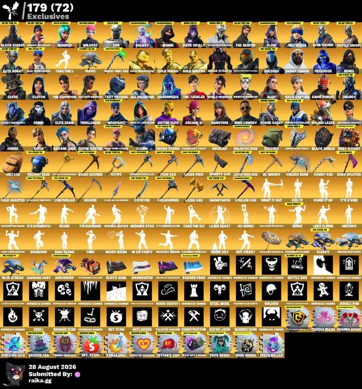 PC PSN XBOX Nearly all emotes(1359) | 1066 skins | | IKONIK| | Black Knight | | Wonder | Wildcat | Galaxy Leviathan Axe Merry Minty Axe Eon Dark Skully PC PSN XBOX Nearly all emotes(1359) | 1066 skins | | IKONIK| | Black Knight | | Wonder | Wildcat | Galaxy Leviathan Axe Merry Minty Axe Eon Dark Skully