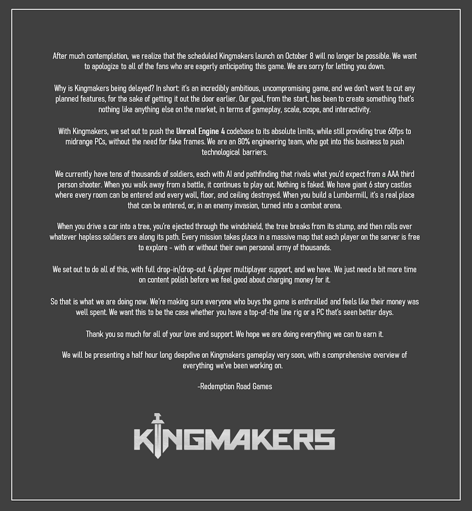 Kingmakers, the medieval battle game with modern weapons, has been delayed Kingmakers, the medieval battle game with modern weapons, has been delayed