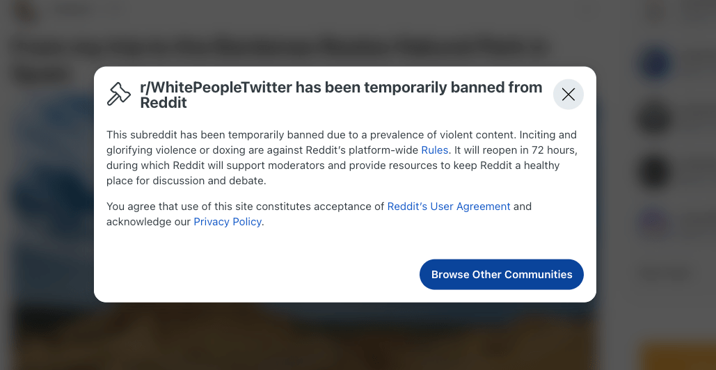 Reddit temporarily bans r/WhitePeopleTwitter after Elon Musk claimed it had ‘broken the law’ Reddit temporarily bans r/WhitePeopleTwitter after Elon Musk claimed it had ‘broken the law’