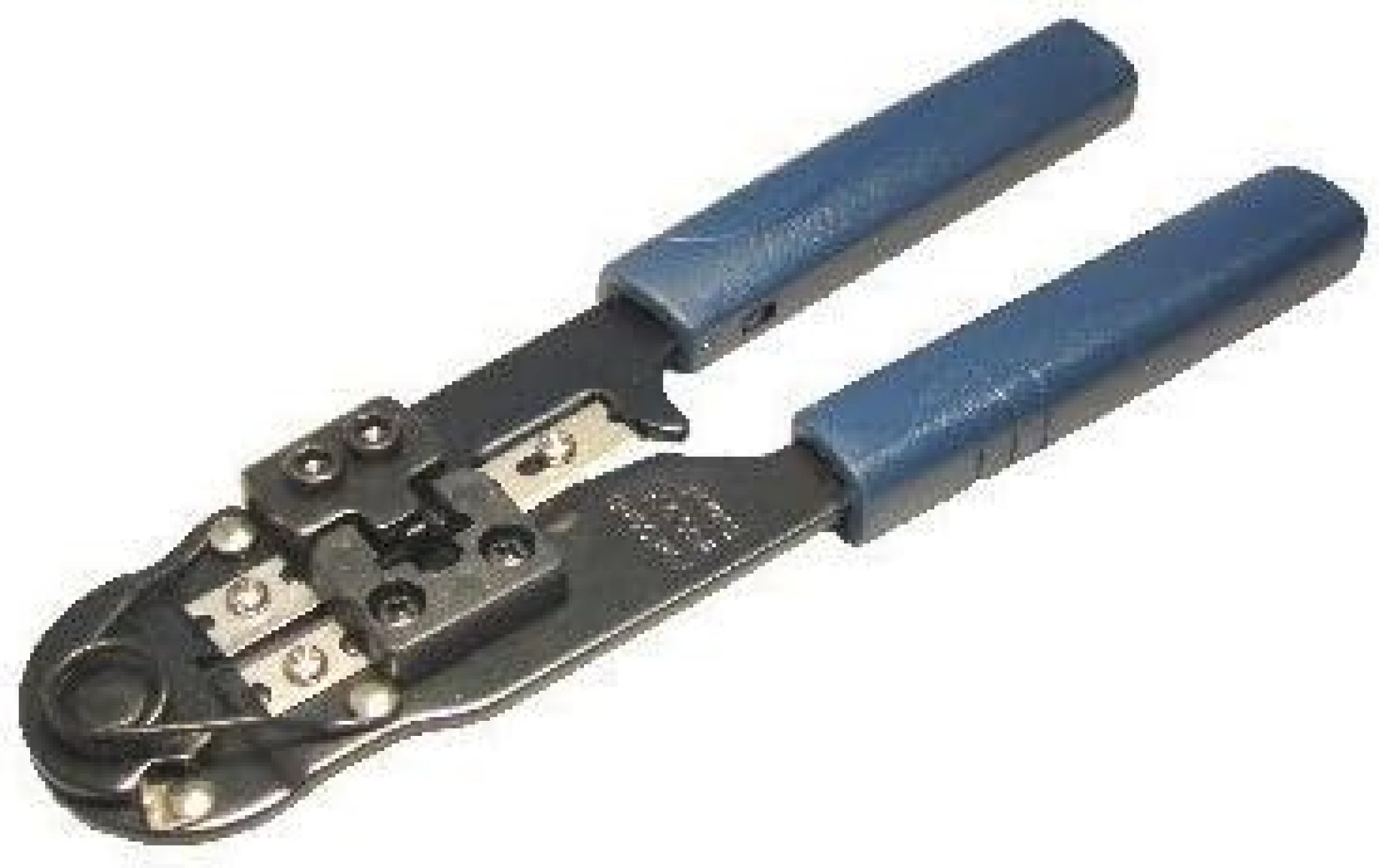 RJ-45 hand crimp tool for 8P8C use, crimps, strips and cuts – Modular plug, crimp, strip and cutting tool – Strips flat and round cable RJ-45 hand crimp tool for 8P8C use, crimps, strips and cuts – Modular plug, crimp, strip and cutting tool – Strips flat and round cable