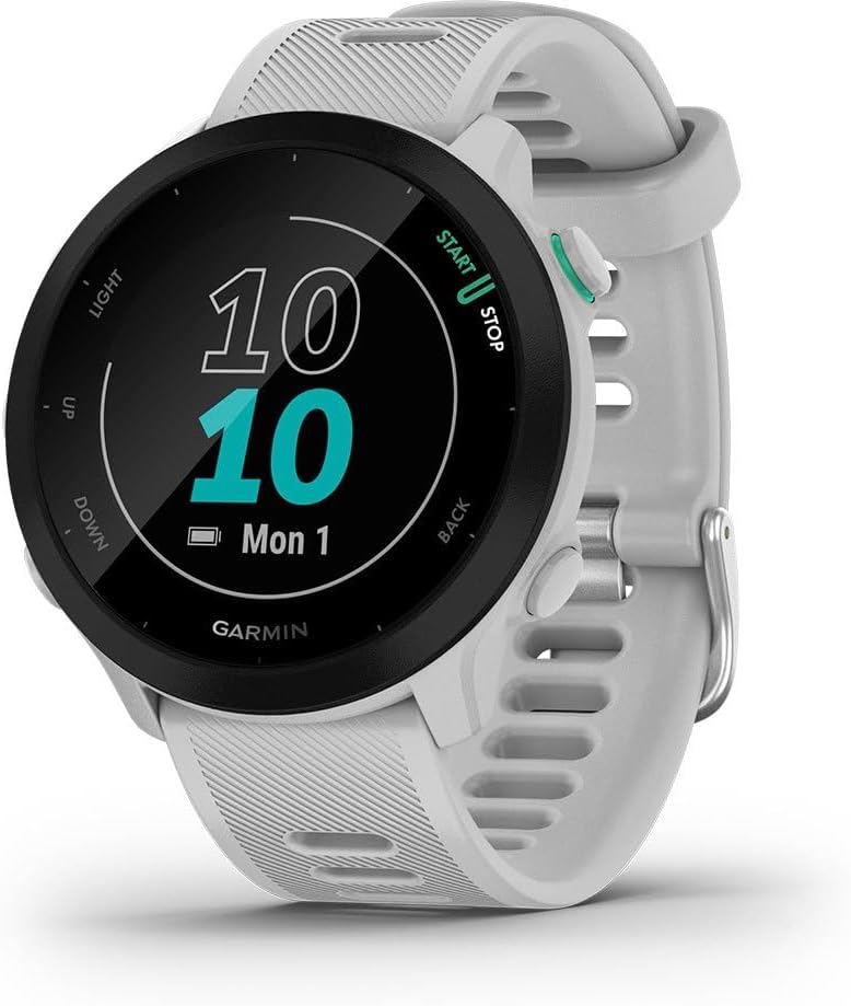 Garmin Forerunner 55 GPS 42mm Running Smartwatch, Easy to use, Lightweight, Training Guidance, Safety & Tracking Features, Whitestone Garmin Forerunner 55 GPS 42mm Running Smartwatch, Easy to use, Lightweight, Training Guidance, Safety & Tracking Features, Whitestone