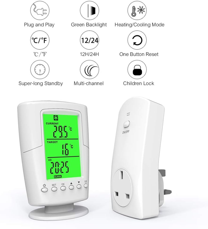 Decdeal Wireless Remote Thermostat, Smart Programmable Temperature Controller RF Plug in Socket Heating Cooling Program Temperature Controller for Heater/Cooler/Fan/Electric Fireplace Heater Decdeal Wireless Remote Thermostat, Smart Programmable Temperature Controller RF Plug in Socket Heating Cooling Program Temperature Controller for Heater/Cooler/Fan/Electric Fireplace Heater