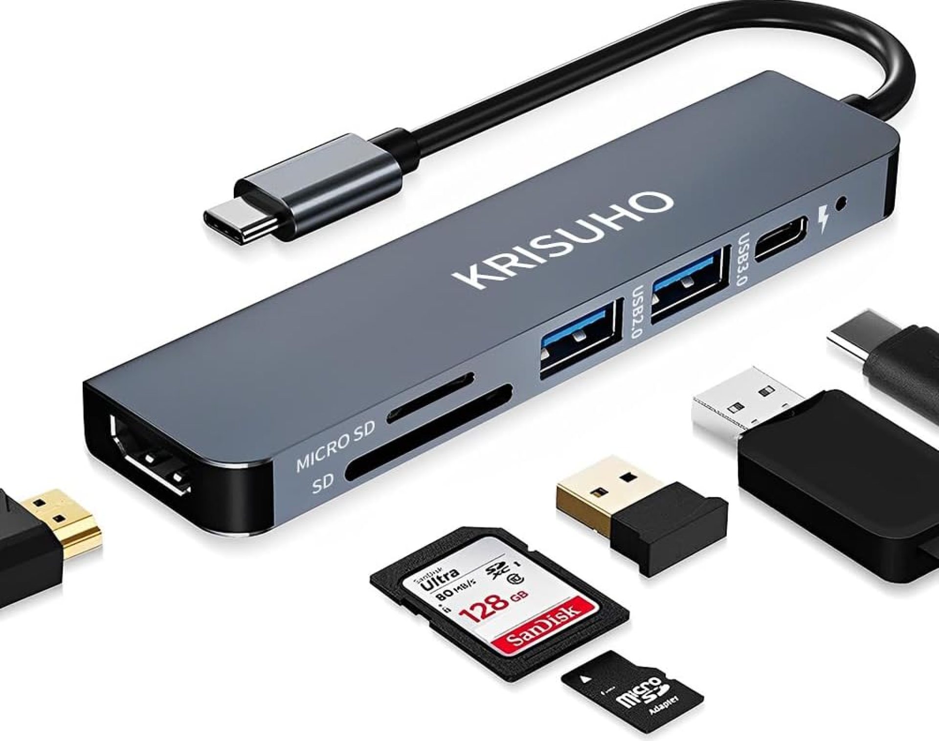 KRISUHO USB C Hub,6 in 1 USB C to HDMI Multiport Adapter with 4K HDMI,1 USB 3.0/1 USB 2.0, 60W PD Charging and MICRO SD/SD Card Reader for MacBook, XPS, Samsung Phones, Laptop and more KRISUHO USB C Hub,6 in 1 USB C to HDMI Multiport Adapter with 4K HDMI,1 USB 3.0/1 USB 2.0, 60W PD Charging and MICRO SD/SD Card Reader for MacBook, XPS, Samsung Phones, Laptop and more