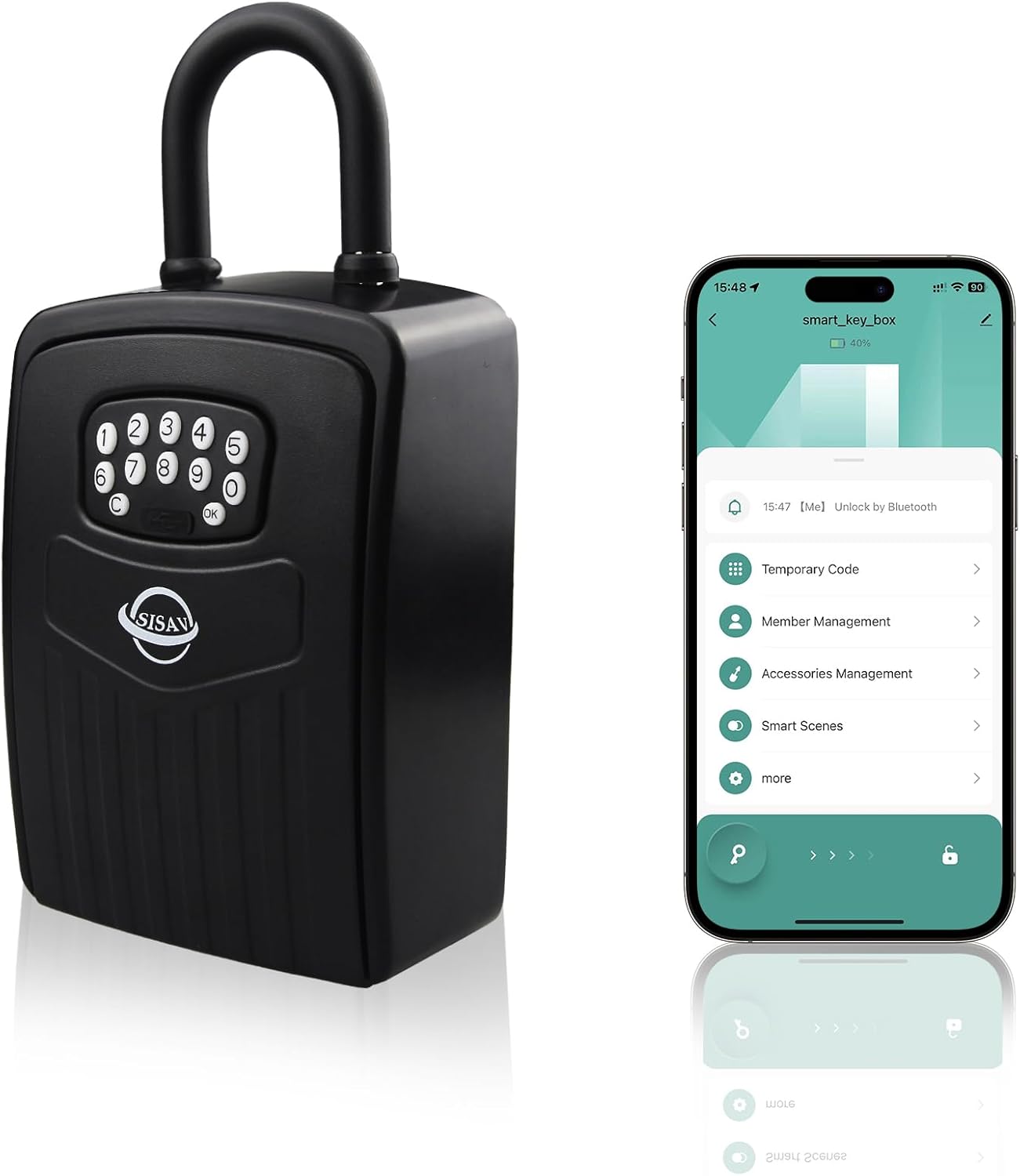 SISAV Smart Bluetooth Key Lock Box,Remote Access via App/Code,Resettable 6-Digit Combination,Large Capacity for 5 Keys,Wall-Mounted,No WiFi Needed,Black(With Shackle) SISAV Smart Bluetooth Key Lock Box,Remote Access via App/Code,Resettable 6-Digit Combination,Large Capacity for 5 Keys,Wall-Mounted,No WiFi Needed,Black(With Shackle)
