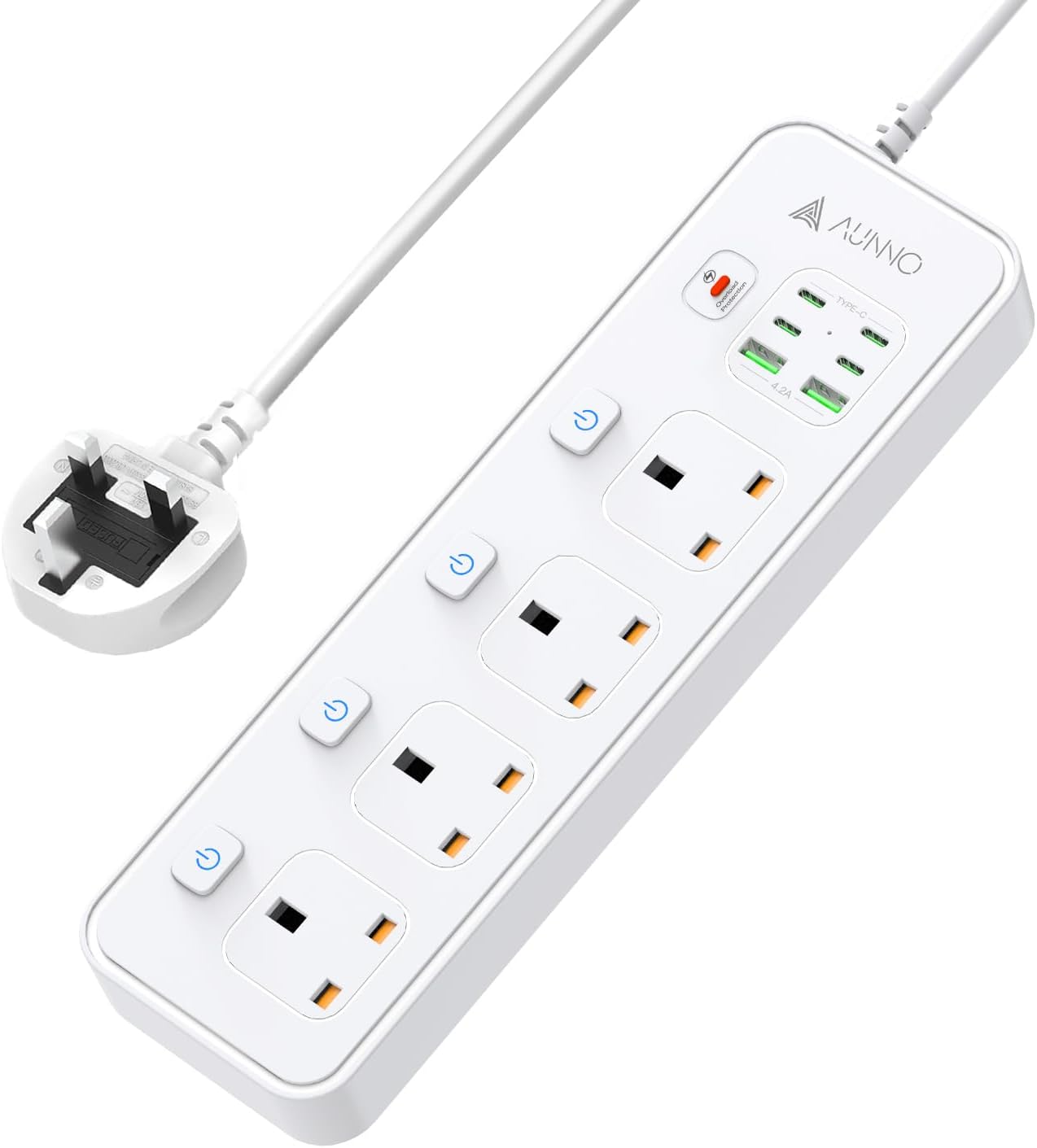 AUNNO Extension Lead with USB Slots, 4 Way Sockets Outlets with 4 USB-C Ports and 2 USB Ports, 1.8M Extension Cable with Switch Surge Protected Power Strips, UK Multi Plug Adapter Electrical Cords AUNNO Extension Lead with USB Slots, 4 Way Sockets Outlets with 4 USB-C Ports and 2 USB Ports, 1.8M Extension Cable with Switch Surge Protected Power Strips, UK Multi Plug Adapter Electrical Cords