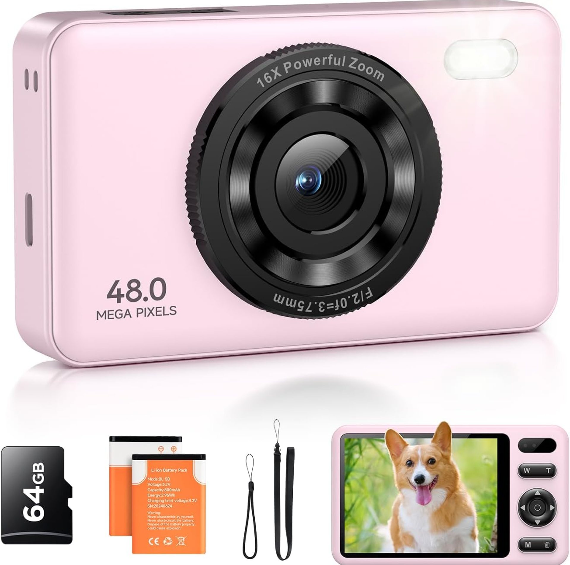 Digital Camera with 64GB Card Autofocus 2.7K 48MP Kids Camera with 16X Zoom Anti Shake 2 Batteries, Compact Portable Small Point and Shoot Digital Cameras Gift for Kid Student Children Teen Girl Boy Digital Camera with 64GB Card Autofocus 2.7K 48MP Kids Camera with 16X Zoom Anti Shake 2 Batteries, Compact Portable Small Point and Shoot Digital Cameras Gift for Kid Student Children Teen Girl Boy