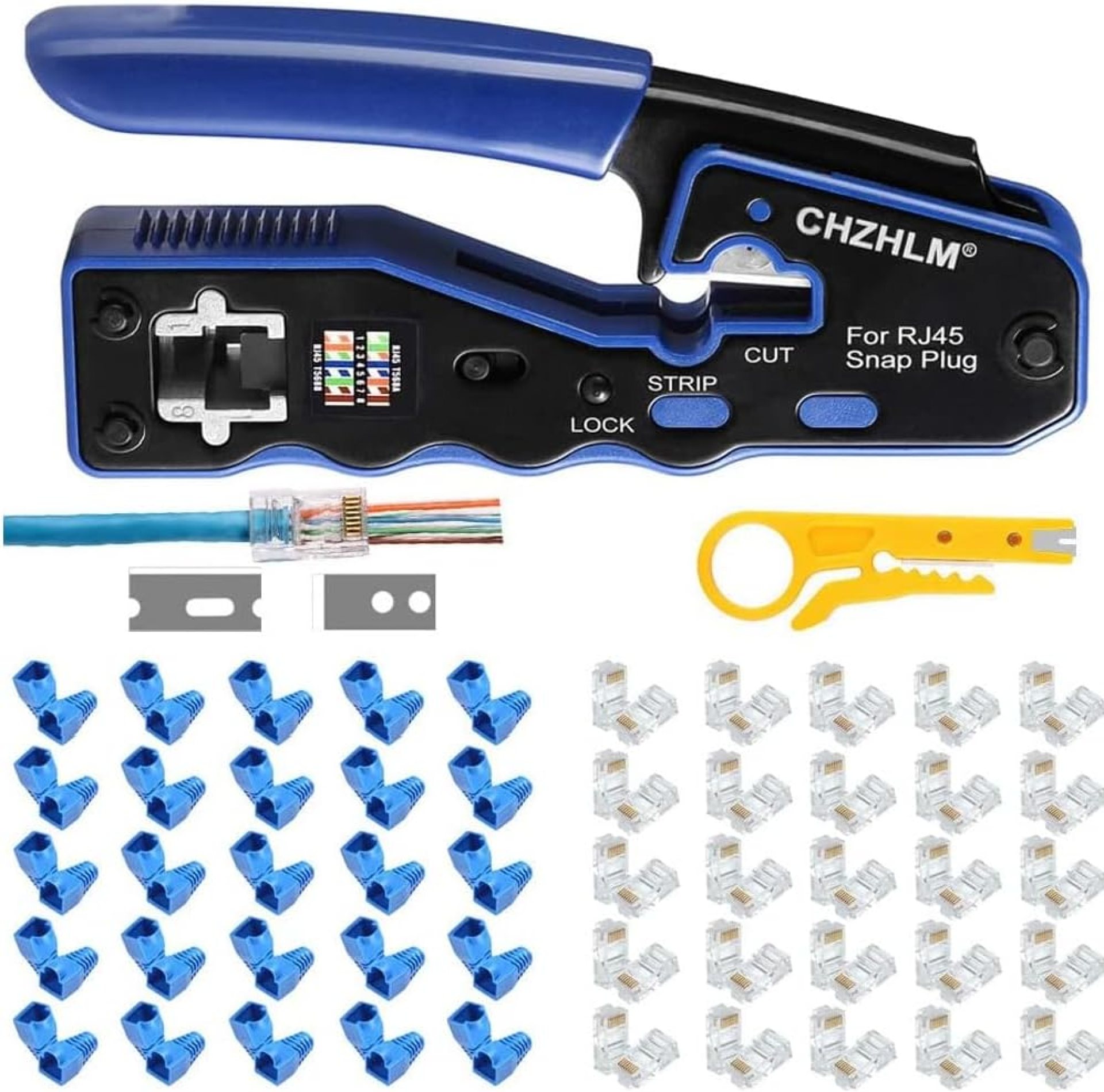 Rj45 Crimp Tool Pass Through Ethernet Crimping Tool kit for 8P Cat5 Cat6 Pass Through Connectors Network Crimp Tool RJ45 Crimper with 50Pcs Covers and 50Pcs Connectors Mini Yellow Stripper Rj45 Crimp Tool Pass Through Ethernet Crimping Tool kit for 8P Cat5 Cat6 Pass Through Connectors Network Crimp Tool RJ45 Crimper with 50Pcs Covers and 50Pcs Connectors Mini Yellow Stripper