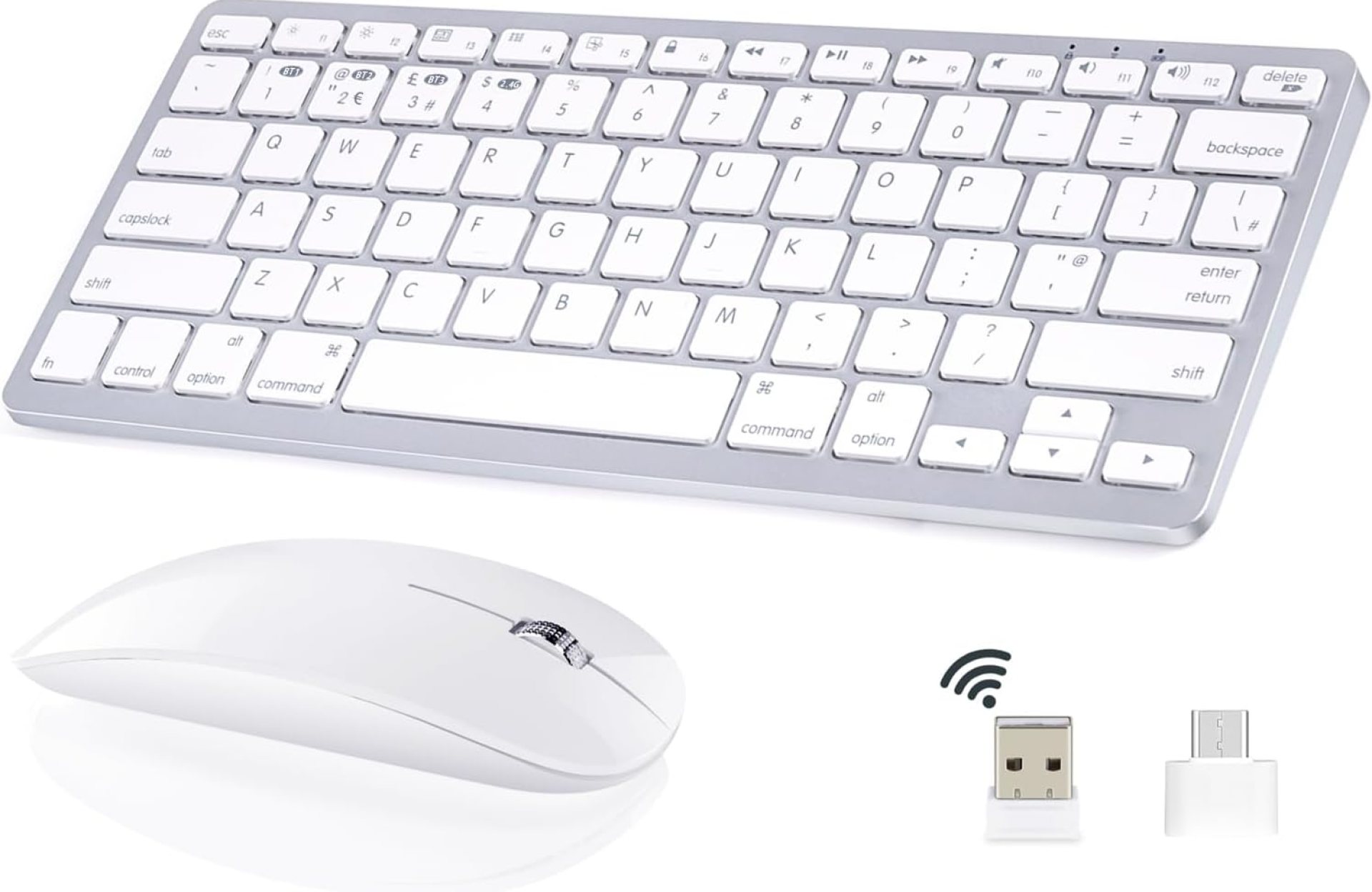 5 in1 Wireless Keyboard and Mouse Combo, Rechargeable Bluetooth Keyboard & Mouse compatible with Apple Macbook iMac iPad and Windows Android (Silver-White) 5 in1 Wireless Keyboard and Mouse Combo, Rechargeable Bluetooth Keyboard & Mouse compatible with Apple Macbook iMac iPad and Windows Android (Silver-White)