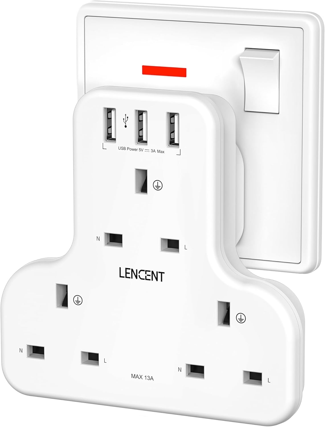 LENCENT Plug Extension Socket, 3 Way Multi Plug Socket with 3 USB Ports, Power Extender Wall Adaptor for Household Appliances, Iphone, Smartphone, Tablet, Home, Office, Bedroom, 13A 3250W LENCENT Plug Extension Socket, 3 Way Multi Plug Socket with 3 USB Ports, Power Extender Wall Adaptor for Household Appliances, Iphone, Smartphone, Tablet, Home, Office, Bedroom, 13A 3250W