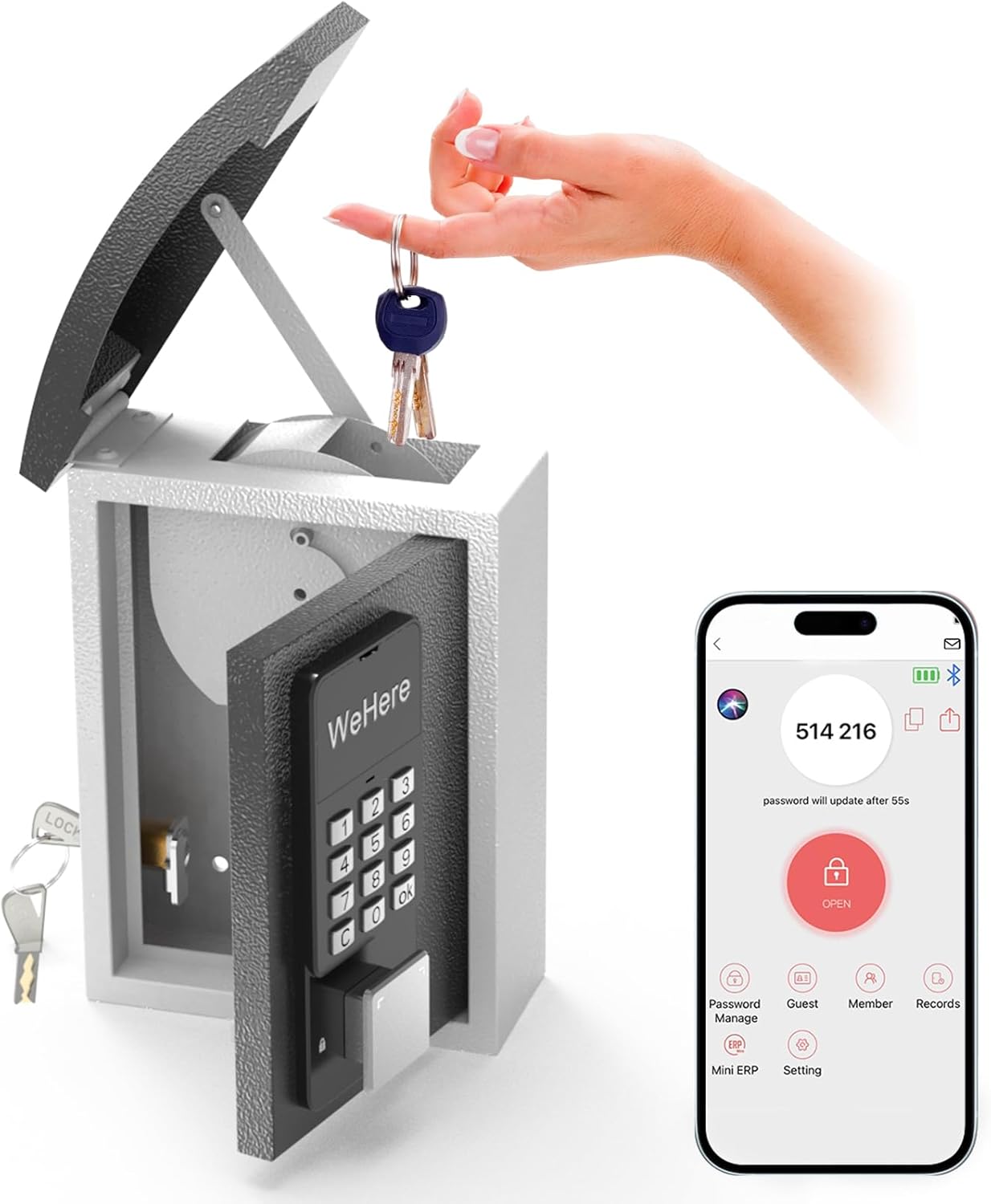 WeHere Key Lock Box, Key Drop Box, Smart LockBox Wall Mount, Key Safe Security Storage, OTP/APP/Permanent Password Unlock for Hous Outside, Realtors, Apartments, Garage, Store, KB-521 WeHere Key Lock Box, Key Drop Box, Smart LockBox Wall Mount, Key Safe Security Storage, OTP/APP/Permanent Password Unlock for Hous Outside, Realtors, Apartments, Garage, Store, KB-521