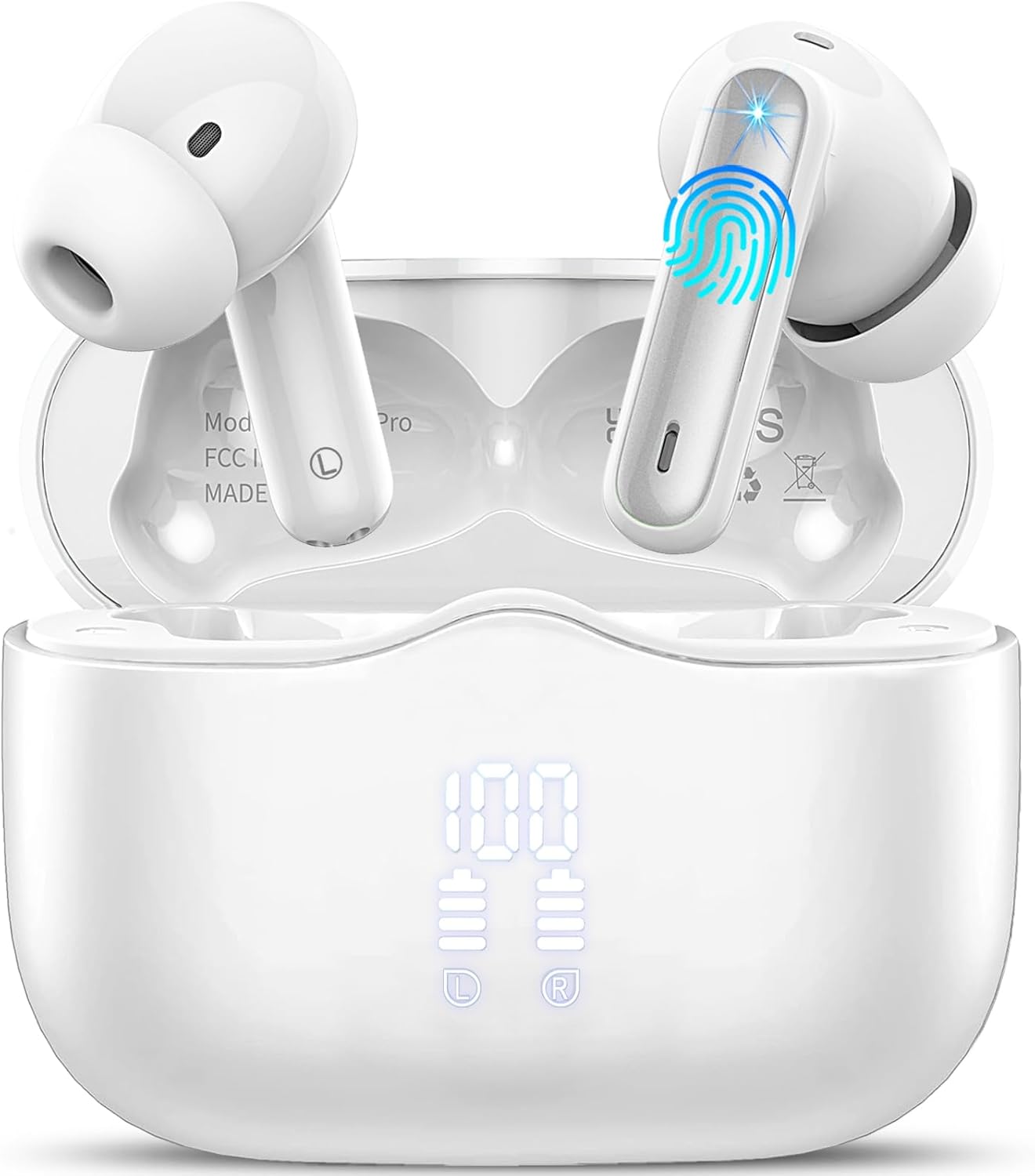 Wireless Earbuds, Bluetooth 5.4 Headphones in Ear 3D Bass Stereo, 40H Wireless Earphones with 4 ENC Noise Cancelling Mic, IP7 Waterproof Bluetooth Earbuds LED Display, Hands-Free Calls with AI, White Wireless Earbuds, Bluetooth 5.4 Headphones in Ear 3D Bass Stereo, 40H Wireless Earphones with 4 ENC Noise Cancelling Mic, IP7 Waterproof Bluetooth Earbuds LED Display, Hands-Free Calls with AI, White