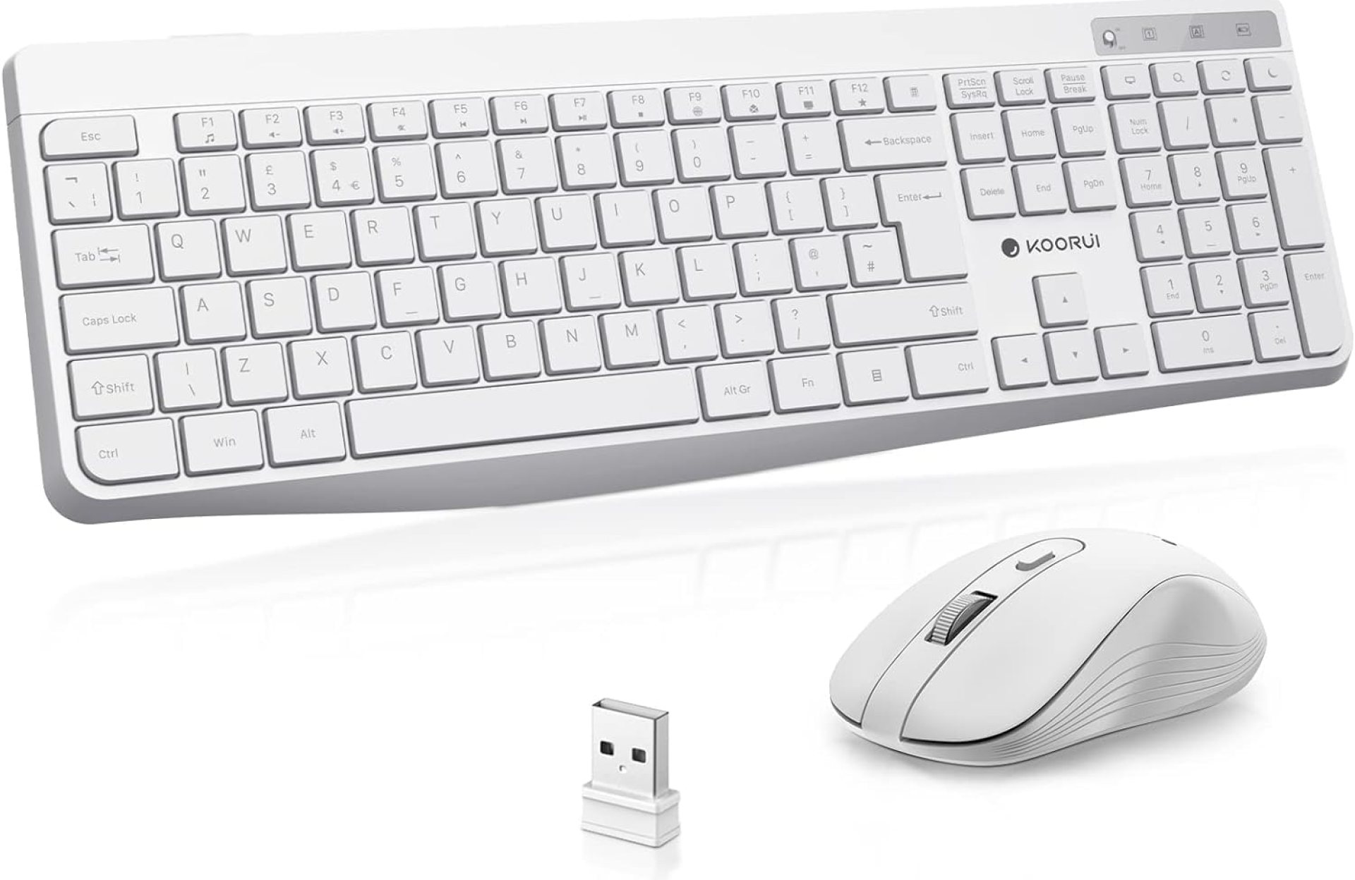 KOORUI Wireless Keyboard and Mouse Combo, 12 Multimedia and Shortcut Keys UK Layout Full Size Keyboard and Mouse Set for Windows, MacOS, Linux – Cold White (Batteries Not Included) KOORUI Wireless Keyboard and Mouse Combo, 12 Multimedia and Shortcut Keys UK Layout Full Size Keyboard and Mouse Set for Windows, MacOS, Linux – Cold White (Batteries Not Included)