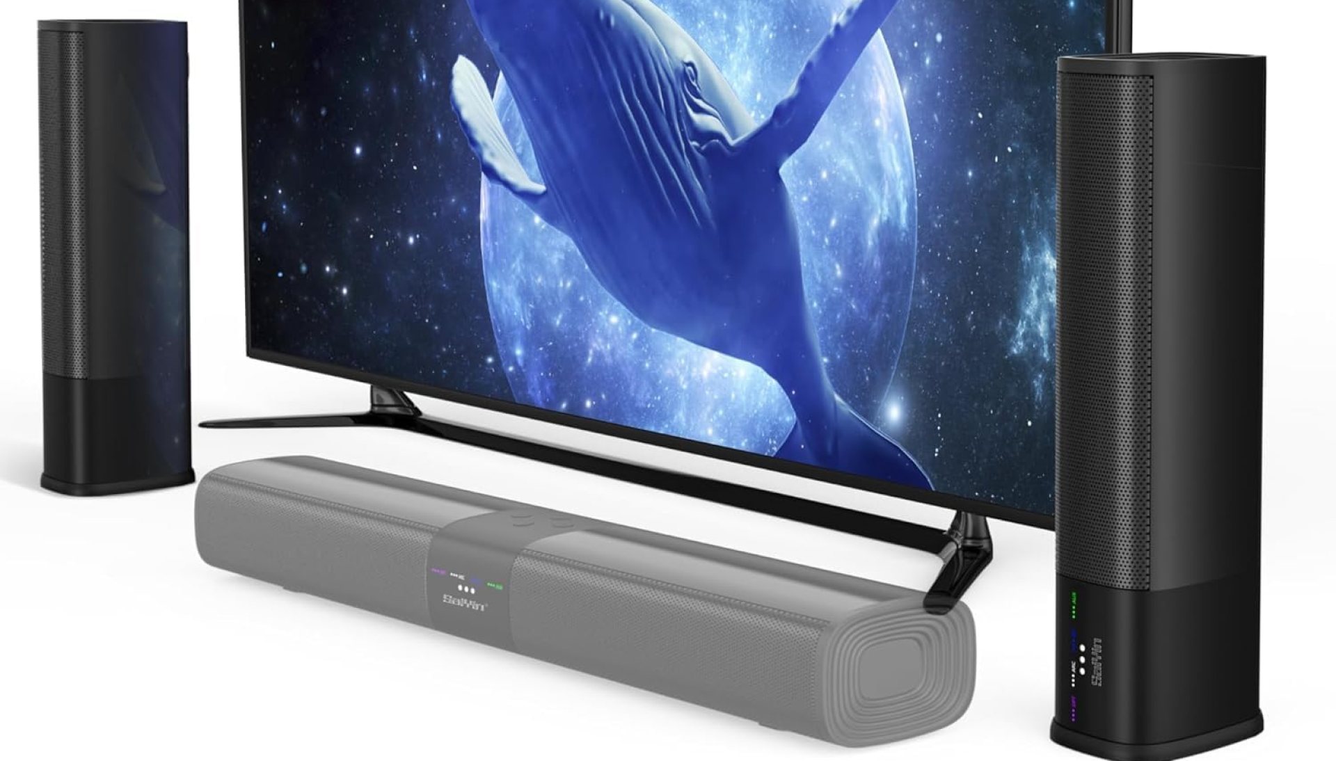 Saiyin Soundbar for TV, Sound Bar with Optical/ARC/AUX and Bluetooth 5.3 Inputs, 50W Peak Power, Surround Sound System with Flexible Placement Options,Wall Mountable Saiyin Soundbar for TV, Sound Bar with Optical/ARC/AUX and Bluetooth 5.3 Inputs, 50W Peak Power, Surround Sound System with Flexible Placement Options,Wall Mountable