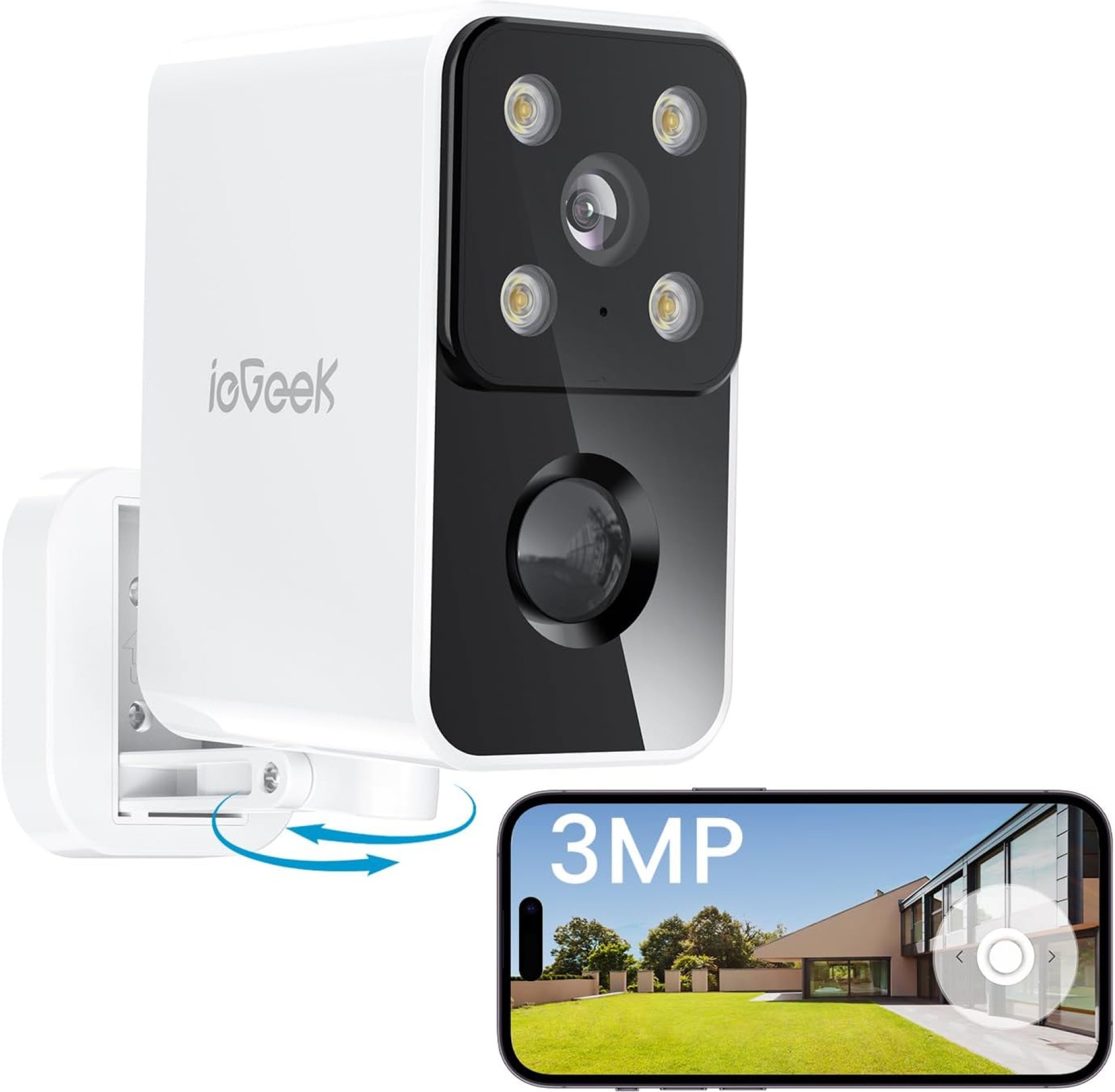 ieGeek No Monthly Fee 2K Security Camera Outdoor Wireless, 180° Horizontal Pan, Rechargeable Battery Wifi Home Camera, Colour Night Vision, Motion Detection, Siren Floodlight, Voice Intercom, IP65 ieGeek No Monthly Fee 2K Security Camera Outdoor Wireless, 180° Horizontal Pan, Rechargeable Battery Wifi Home Camera, Colour Night Vision, Motion Detection, Siren Floodlight, Voice Intercom, IP65