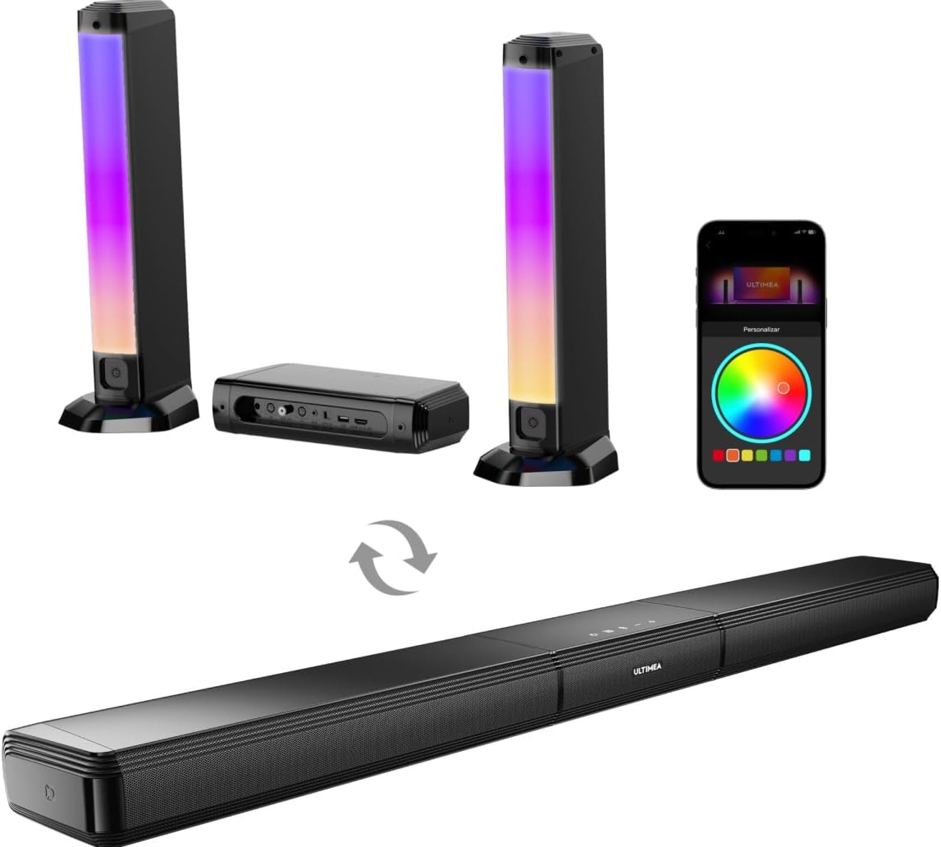 ULTIMEA 5.0ch Sound Bar for Smart TV, PC With RGB Light, Detachable, App Control, 120W Peak Power, Bluetooth 5.3, HDMI-ARC/OPT/AUX, Wall Mount, Apollo S70 ULTIMEA 5.0ch Sound Bar for Smart TV, PC With RGB Light, Detachable, App Control, 120W Peak Power, Bluetooth 5.3, HDMI-ARC/OPT/AUX, Wall Mount, Apollo S70