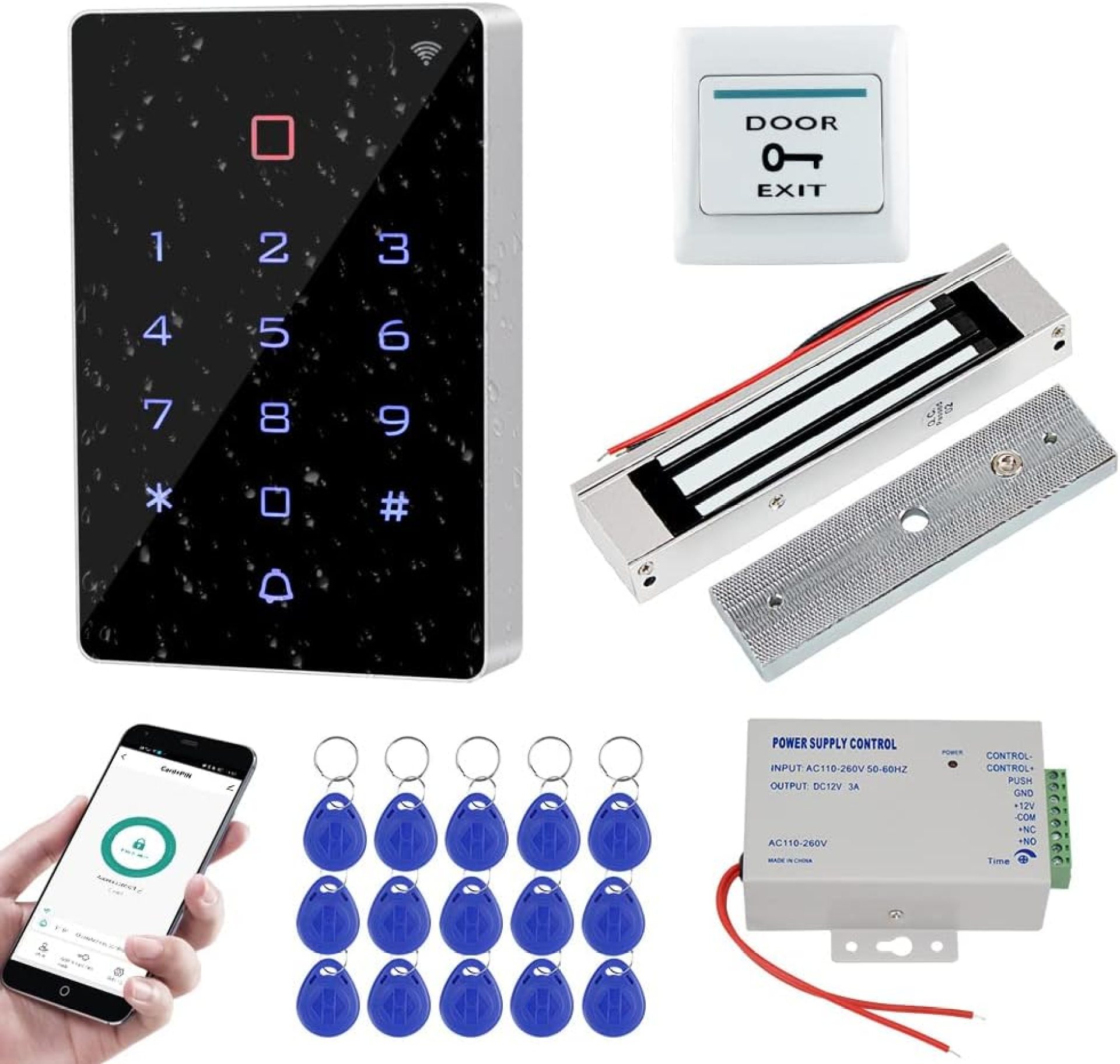 FUSYTULY Wifi Tuya RFID Door Access Control System Kit IP68 Waterproof Access Controller Touch Keypad + 180KG Electric Magnetic Lock + K80 3A Power Supply + 15pcs 125KHz Keyfobs FUSYTULY Wifi Tuya RFID Door Access Control System Kit IP68 Waterproof Access Controller Touch Keypad + 180KG Electric Magnetic Lock + K80 3A Power Supply + 15pcs 125KHz Keyfobs