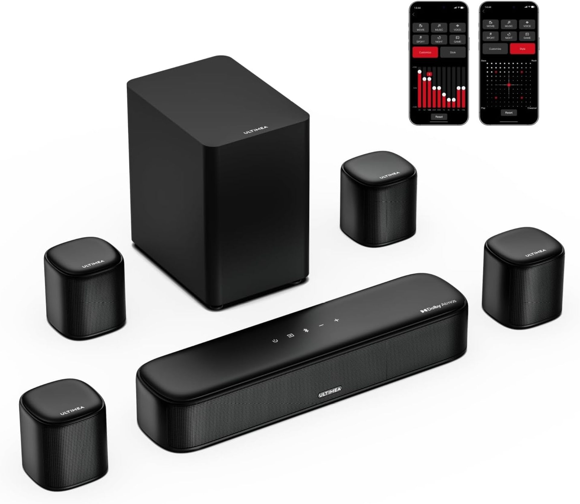 ULTIMEA 7.1ch Sound Bar with Dolby Atmos, Surround Sound System for TV with 4 Surround Speakers, Sound Bar for Smart TV with App Control, Soundbar with Subwoofer for Home Theater, HDMI eARC, Aura A60 ULTIMEA 7.1ch Sound Bar with Dolby Atmos, Surround Sound System for TV with 4 Surround Speakers, Sound Bar for Smart TV with App Control, Soundbar with Subwoofer for Home Theater, HDMI eARC, Aura A60