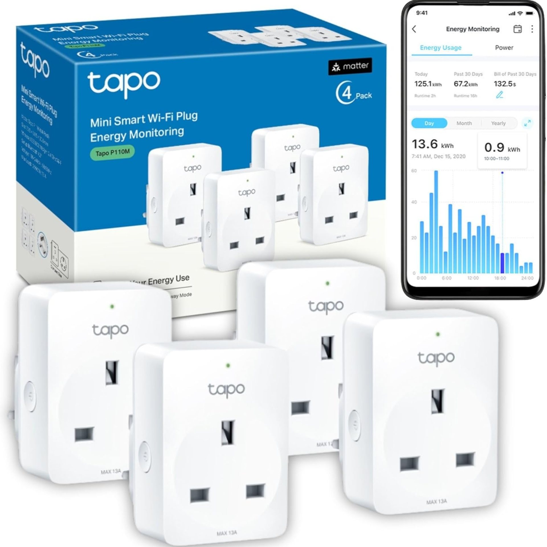 Tapo P110M (4-pack) Smart Plug, WiFi Plug, Energy Monitoring, Electricity Usage Monitor, MATTER Certified, App Remote Control, Alexa, Voice Control with Alexa & Google, Away Mode, Compact Design Tapo P110M (4-pack) Smart Plug, WiFi Plug, Energy Monitoring, Electricity Usage Monitor, MATTER Certified, App Remote Control, Alexa, Voice Control with Alexa & Google, Away Mode, Compact Design