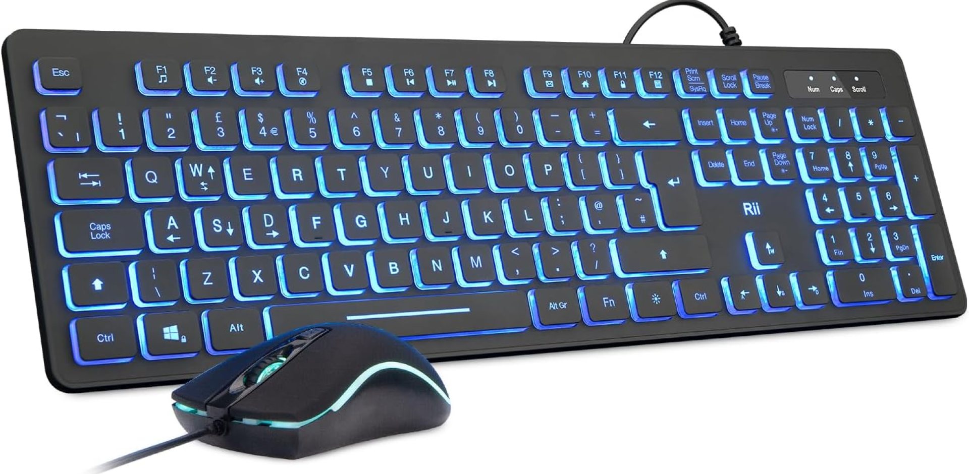 Rii Wired keyboard and mouse, RK105 USB Keyboard and Mouse with Backlit(White Green Blue) for Office Home Business-Full Size Standard UK Layout Rii Wired keyboard and mouse, RK105 USB Keyboard and Mouse with Backlit(White Green Blue) for Office Home Business-Full Size Standard UK Layout
