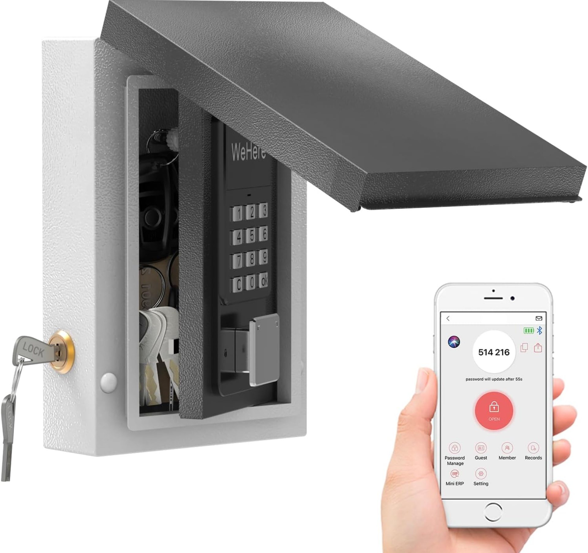 WeHere Key Lock Box Wall Mount, OTP Share Half-Remote Unlock Smart LockBox for House Key, Key Safe Security Storage, APP/Permanent Password Unlock for WeHere Key Lock Box Wall Mount, OTP Share Half-Remote Unlock Smart LockBox for House Key, Key Safe Security Storage, APP/Permanent Password Unlock for