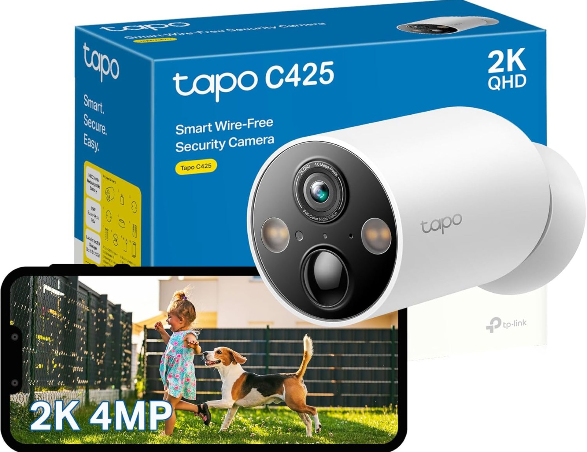 Tapo C425 2K 4MP QHD Battery Security Camera Outdoor Wireless, 300-day Battery Life, 150° Super-wide FOV, Colour Night Vision, Outdoor Camera No Monthly Fee, AI Detection, Two-way Talk Tapo C425 2K 4MP QHD Battery Security Camera Outdoor Wireless, 300-day Battery Life, 150° Super-wide FOV, Colour Night Vision, Outdoor Camera No Monthly Fee, AI Detection, Two-way Talk