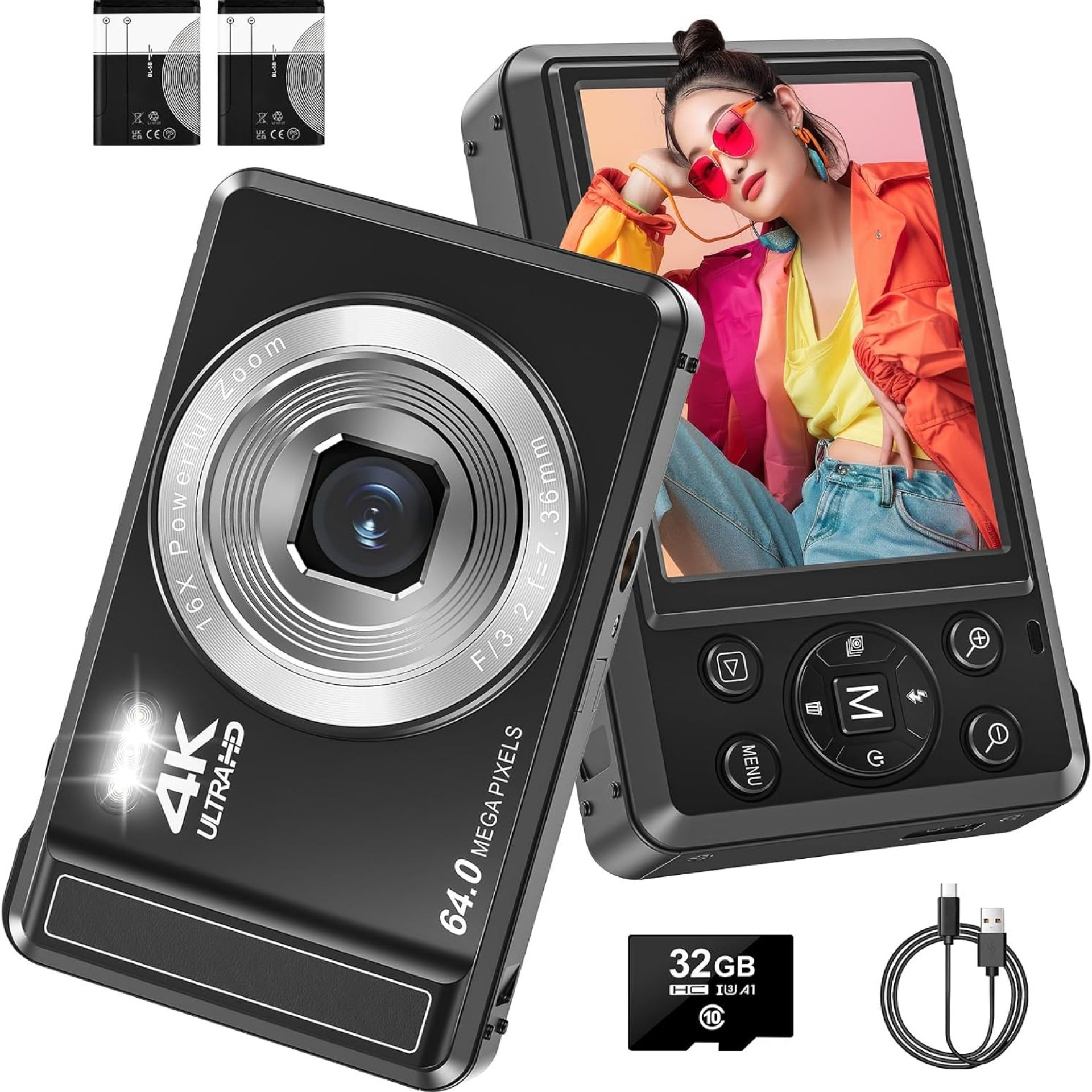 Digital Camera, 4K 64MP Autofocus UHD Compact Cameras for photography and video – Rechargeable Vlogging Camera with 32GB Card, 2 Batteries, 16X Digital Zoom for Kids Beginners Teenagers Digital Camera, 4K 64MP Autofocus UHD Compact Cameras for photography and video – Rechargeable Vlogging Camera with 32GB Card, 2 Batteries, 16X Digital Zoom for Kids Beginners Teenagers