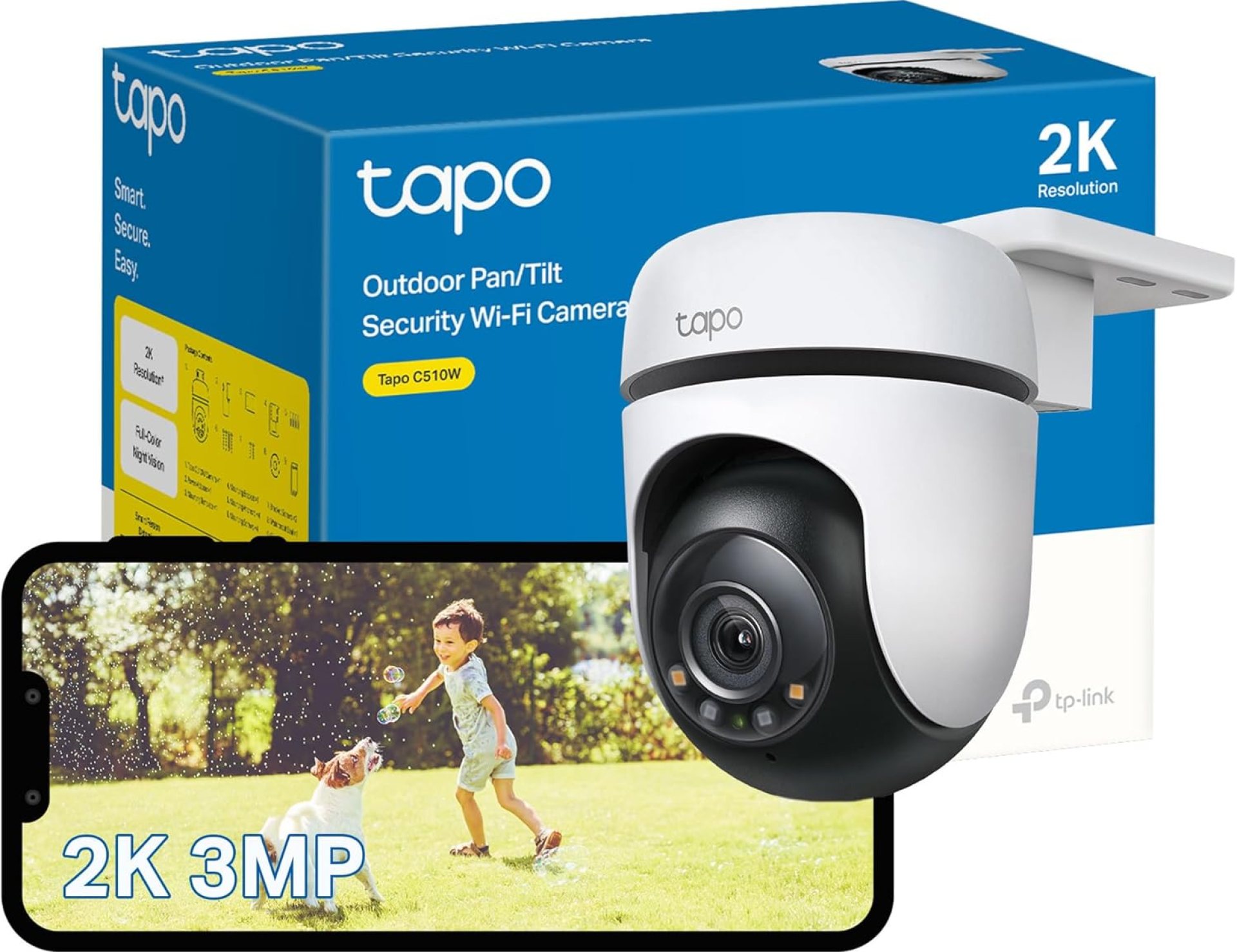 Tapo C510W 2K Outdoor Pan/Tilt Security Camera, 360°Visual Coverage, IP65 WiFi Camera, Motion Tracking, Full-Colour Night Vision, Cloud and Local Storage, Works With Alexa and Google, No Monthly Fee Tapo C510W 2K Outdoor Pan/Tilt Security Camera, 360°Visual Coverage, IP65 WiFi Camera, Motion Tracking, Full-Colour Night Vision, Cloud and Local Storage, Works With Alexa and Google, No Monthly Fee