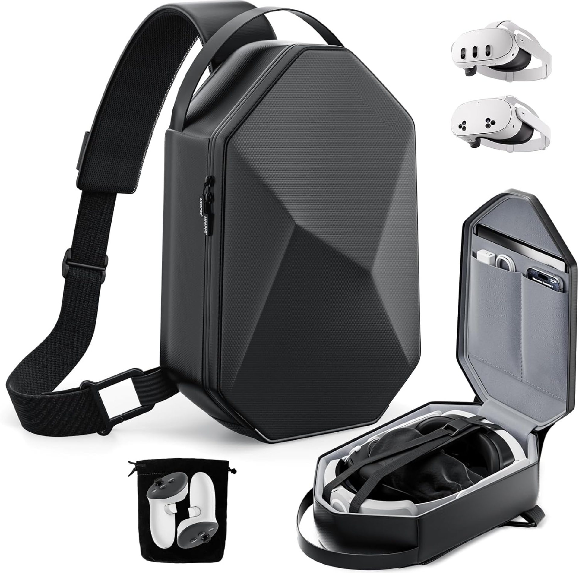 Carrying Case for Meta Quest 3S/Quest 3/Quest 2/Vision Pro/Pico 4, Hard Travel Case Compatible with Kiwi Design/BOBOVR Elite Battery Strap and Controllers Accessories, Crossbody Shoulder Backpack Carrying Case for Meta Quest 3S/Quest 3/Quest 2/Vision Pro/Pico 4, Hard Travel Case Compatible with Kiwi Design/BOBOVR Elite Battery Strap and Controllers Accessories, Crossbody Shoulder Backpack