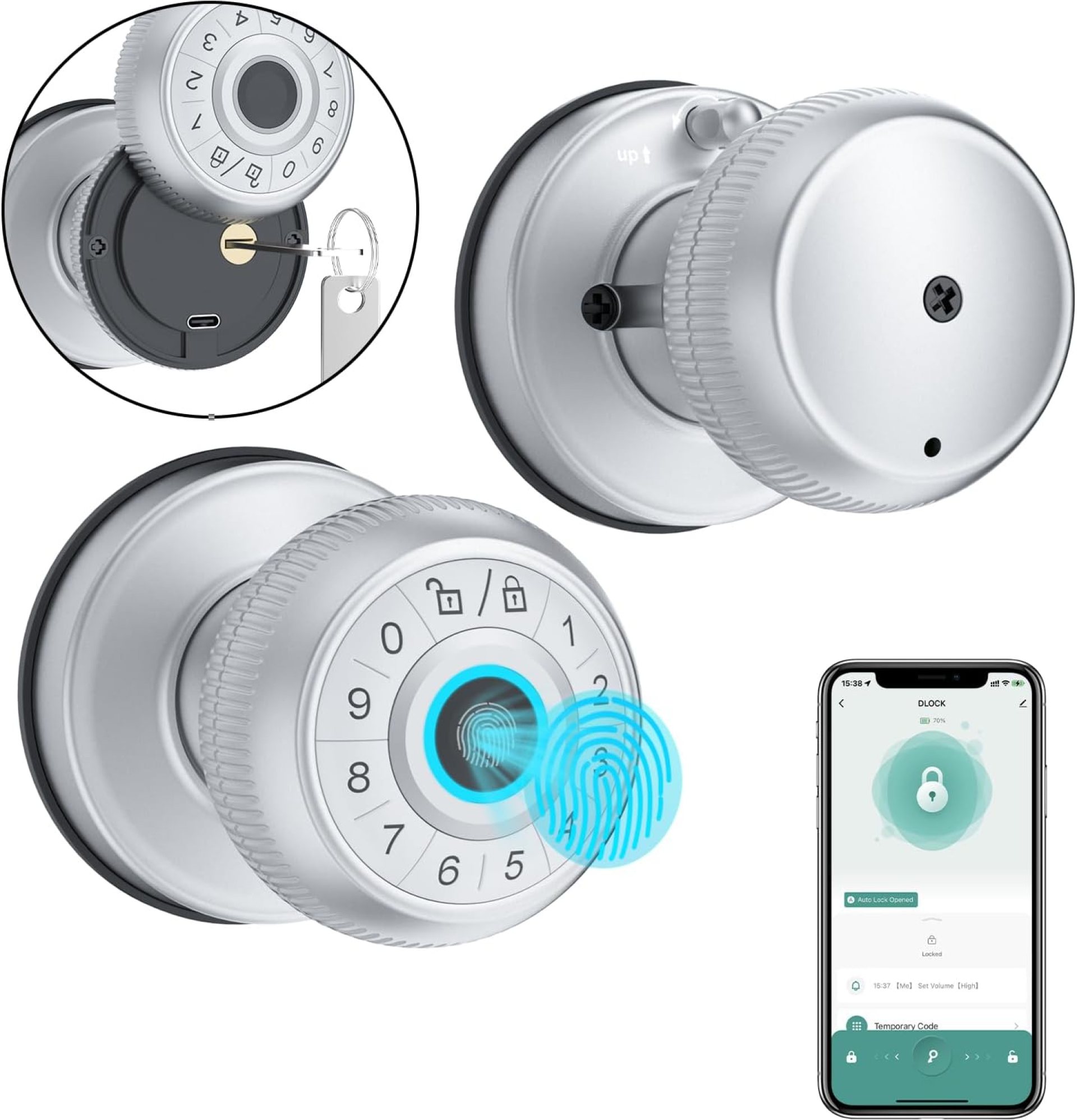 Fingerprint Door Lock With Keypad and App Control – Smart Biometric Keyless Door Knob for Bedroom, Home, Office – Auto Lock, Code Entry – Silver Fingerprint Door Lock With Keypad and App Control – Smart Biometric Keyless Door Knob for Bedroom, Home, Office – Auto Lock, Code Entry – Silver