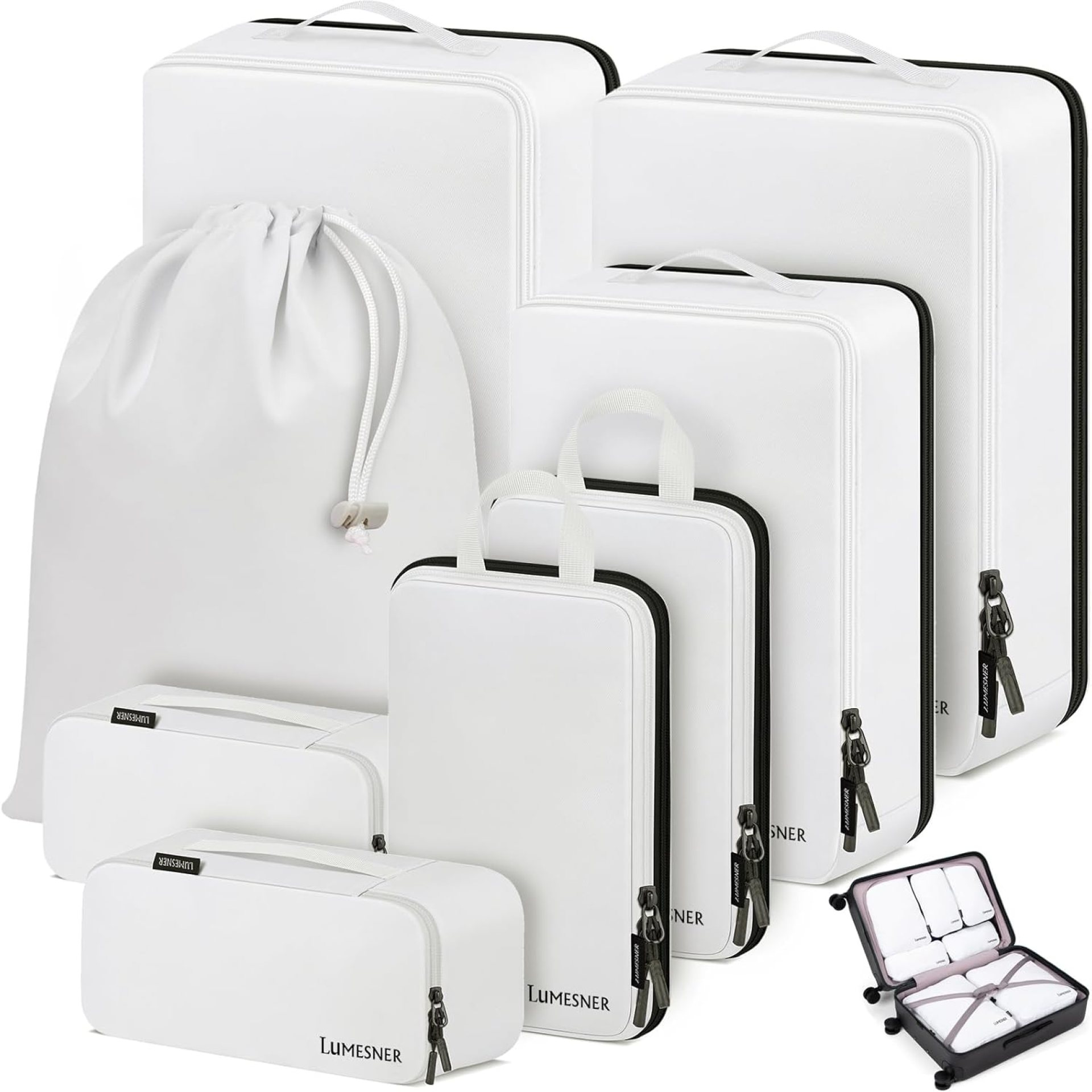 Compression Packing Cubes, Lumesner 8 Set Travel Packing Cubes for Carry on Suitcases, Compression Suitcase Organizers Bag Set & Travel Cubes (8-piece, White) Compression Packing Cubes, Lumesner 8 Set Travel Packing Cubes for Carry on Suitcases, Compression Suitcase Organizers Bag Set & Travel Cubes (8-piece, White)