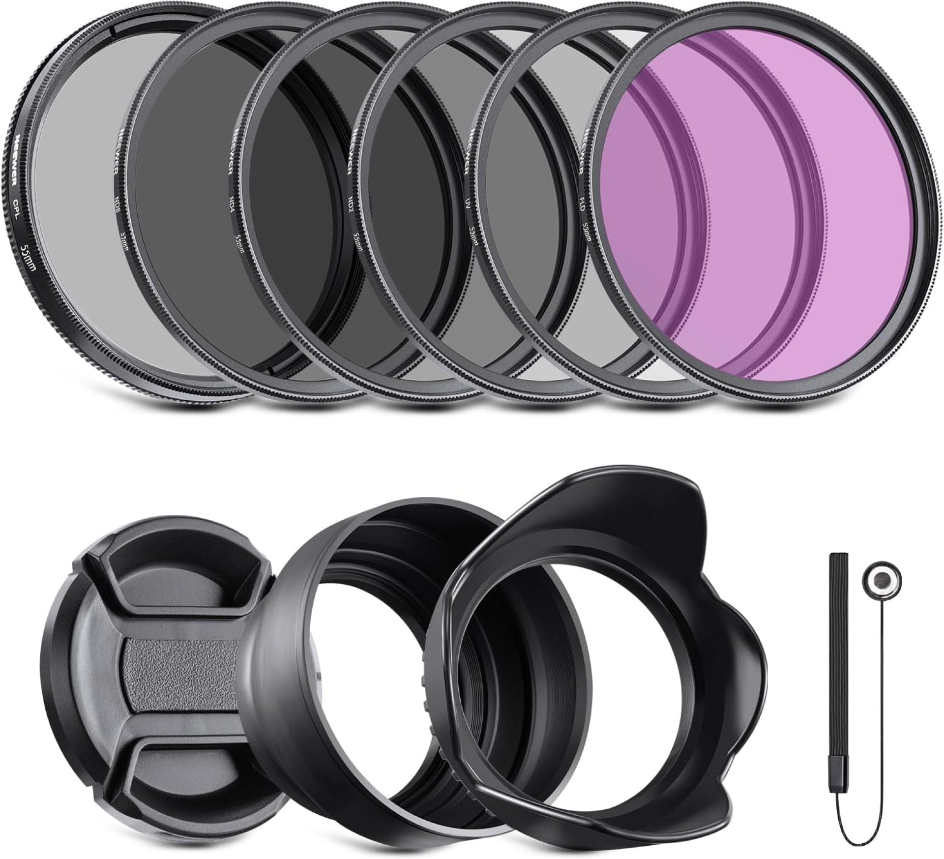 NEEWER 55mm ND Filter Kit and Lens Accessories, ND2 ND4 ND8 UV FLD CPL(Circular Polarizing) Filter Set with Lens Cap/Tulip Shaped Lens Hood NEEWER 55mm ND Filter Kit and Lens Accessories, ND2 ND4 ND8 UV FLD CPL(Circular Polarizing) Filter Set with Lens Cap/Tulip Shaped Lens Hood