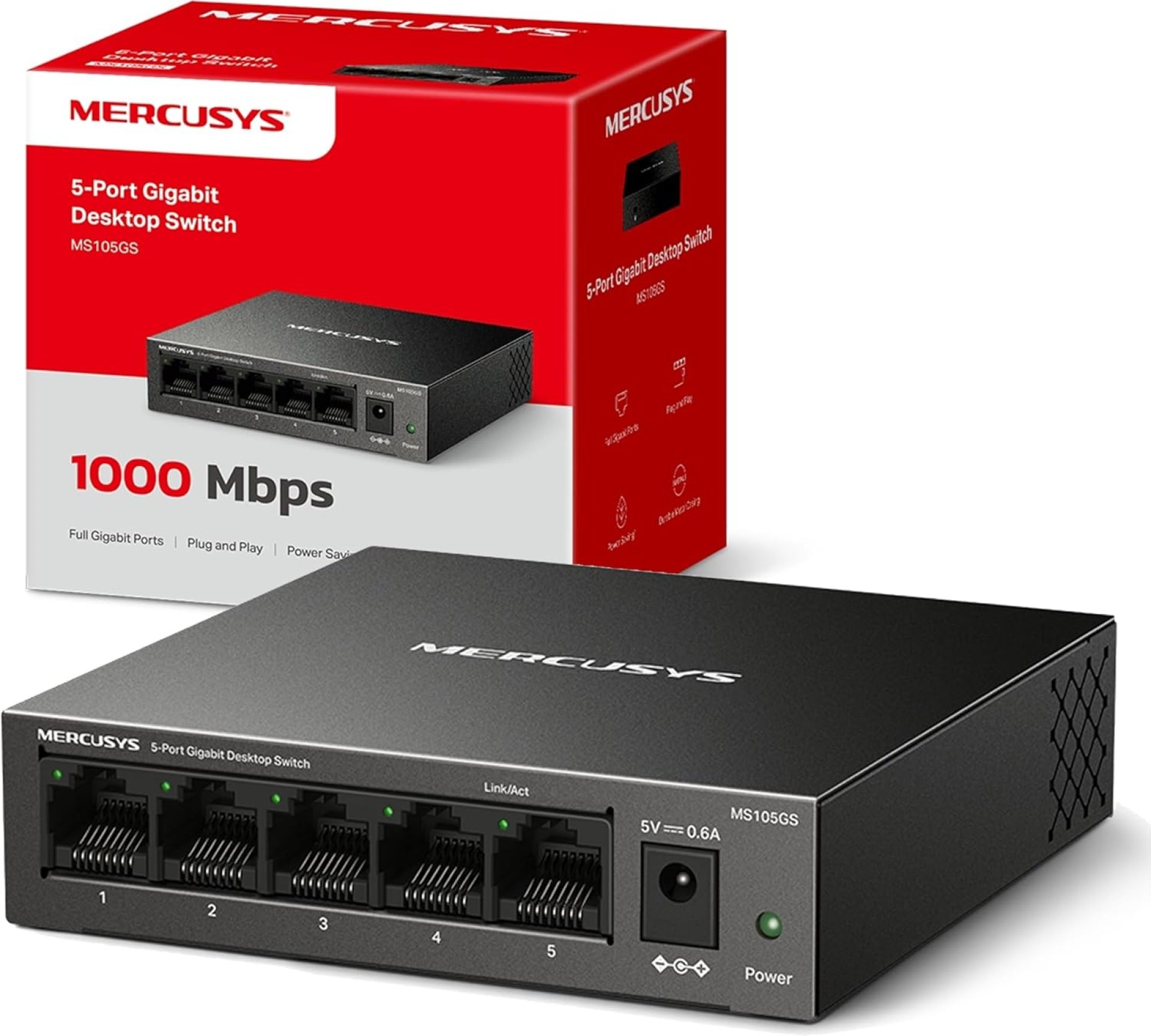 MERCUSYS MS105GS 5 Port Gigabit Network Switch, Ethernet Switch, Metal Case, Gigabit Switch, Ethernet Splitter, Desktop or Wall Mount, TP-Link Silent Operation, Power Saving, Plug & Play MERCUSYS MS105GS 5 Port Gigabit Network Switch, Ethernet Switch, Metal Case, Gigabit Switch, Ethernet Splitter, Desktop or Wall Mount, TP-Link Silent Operation, Power Saving, Plug & Play
