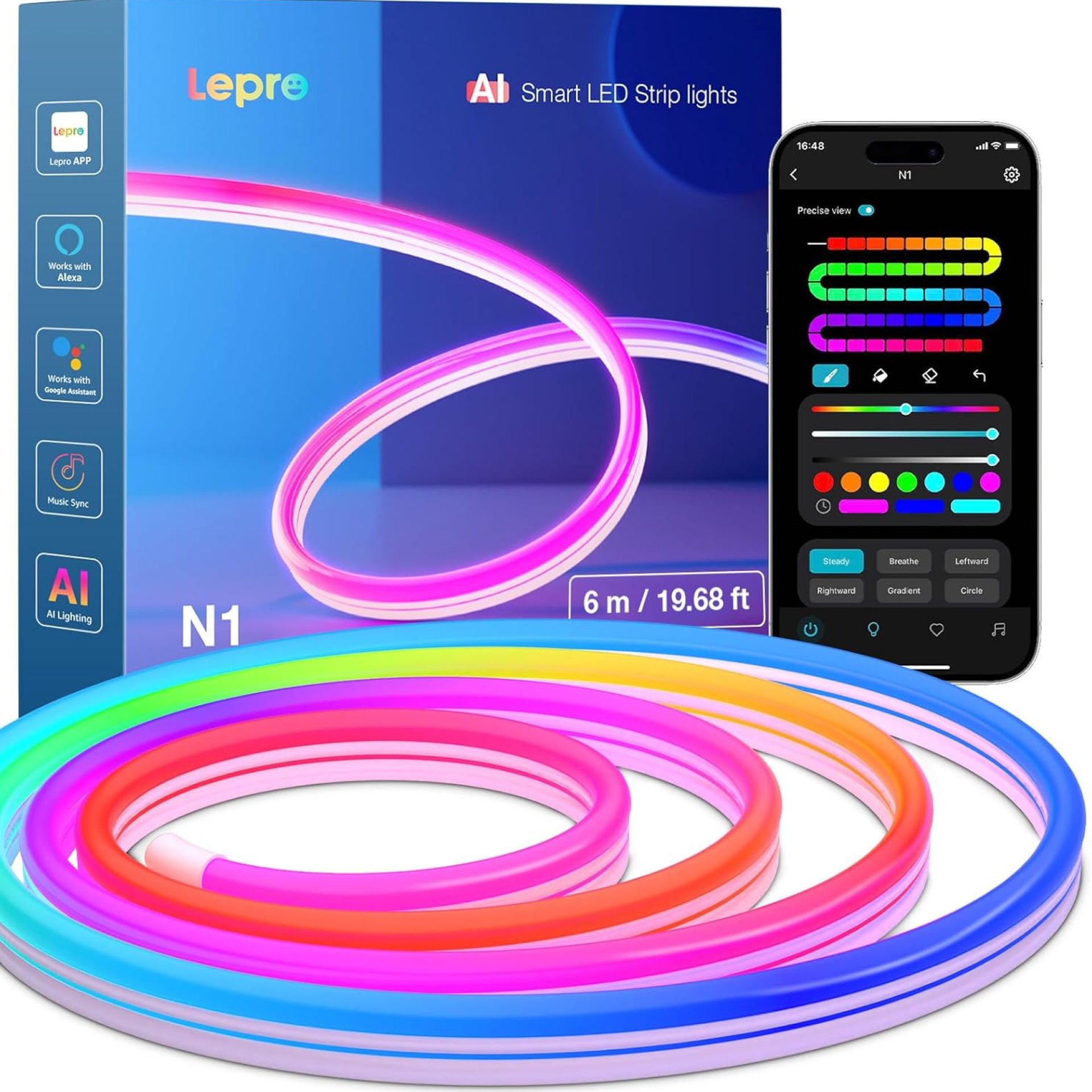 Lepro N1 AI Smart Rainbow Neon Light Strip 6M, 96 LEDs/M, Work with Alexa, Google Home, Music Sync, AI Lighting Design Assistant, IP65 Rope Light, MagicColor LED Light, App & Voice Control, No Remote Lepro N1 AI Smart Rainbow Neon Light Strip 6M, 96 LEDs/M, Work with Alexa, Google Home, Music Sync, AI Lighting Design Assistant, IP65 Rope Light, MagicColor LED Light, App & Voice Control, No Remote