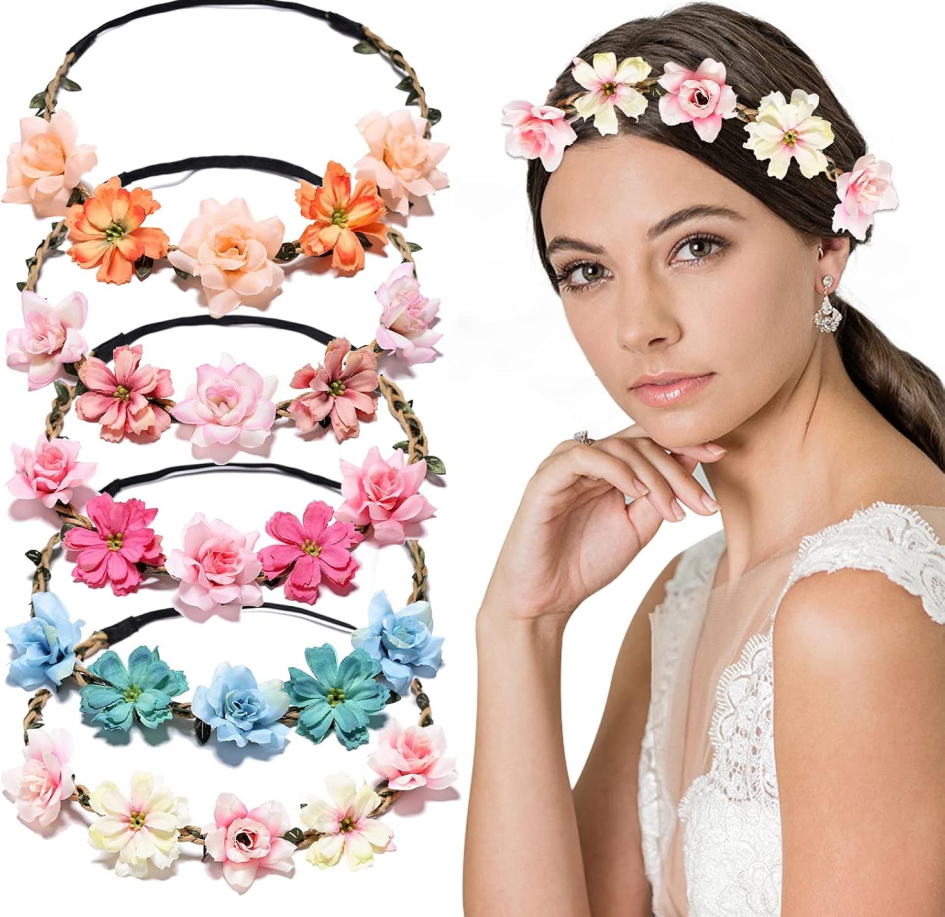 VEGCOO 5PCS Flower Crown Headbands, Multicolour Flower Hair Wreaths, Floral Headpieces, Festival Hair Accessories for Women Girls, Party, Wedding, Festival VEGCOO 5PCS Flower Crown Headbands, Multicolour Flower Hair Wreaths, Floral Headpieces, Festival Hair Accessories for Women Girls, Party, Wedding, Festival
