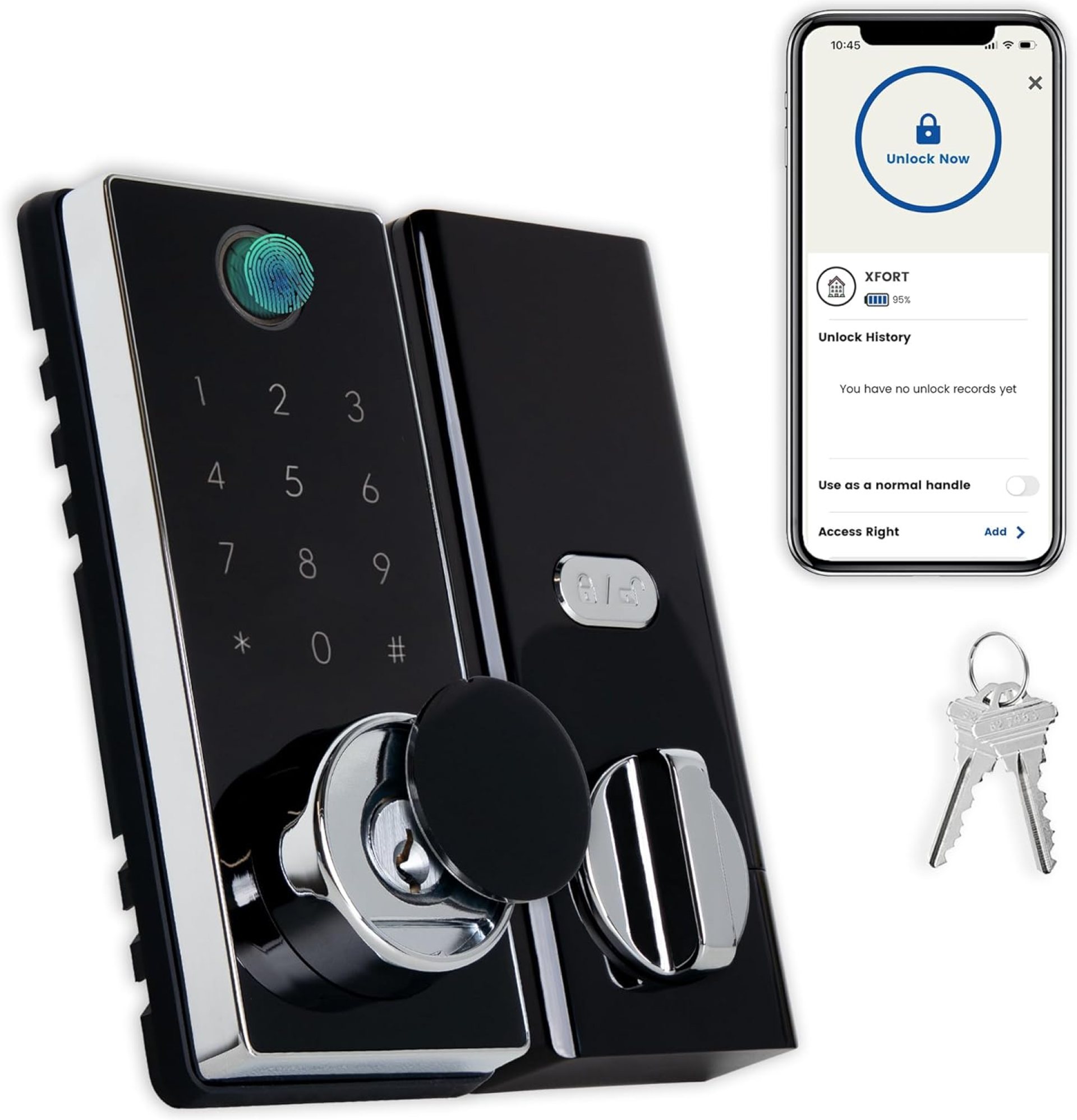 XFORT Smart Fingerprint Door Lock in Black – Keyless Door Lock with Fingerprint Recognition, Passcode Access, Bluetooth App Control, Auto-Locking, and Enhanced Security for Internal Wooden Doors. XFORT Smart Fingerprint Door Lock in Black – Keyless Door Lock with Fingerprint Recognition, Passcode Access, Bluetooth App Control, Auto-Locking, and Enhanced Security for Internal Wooden Doors.