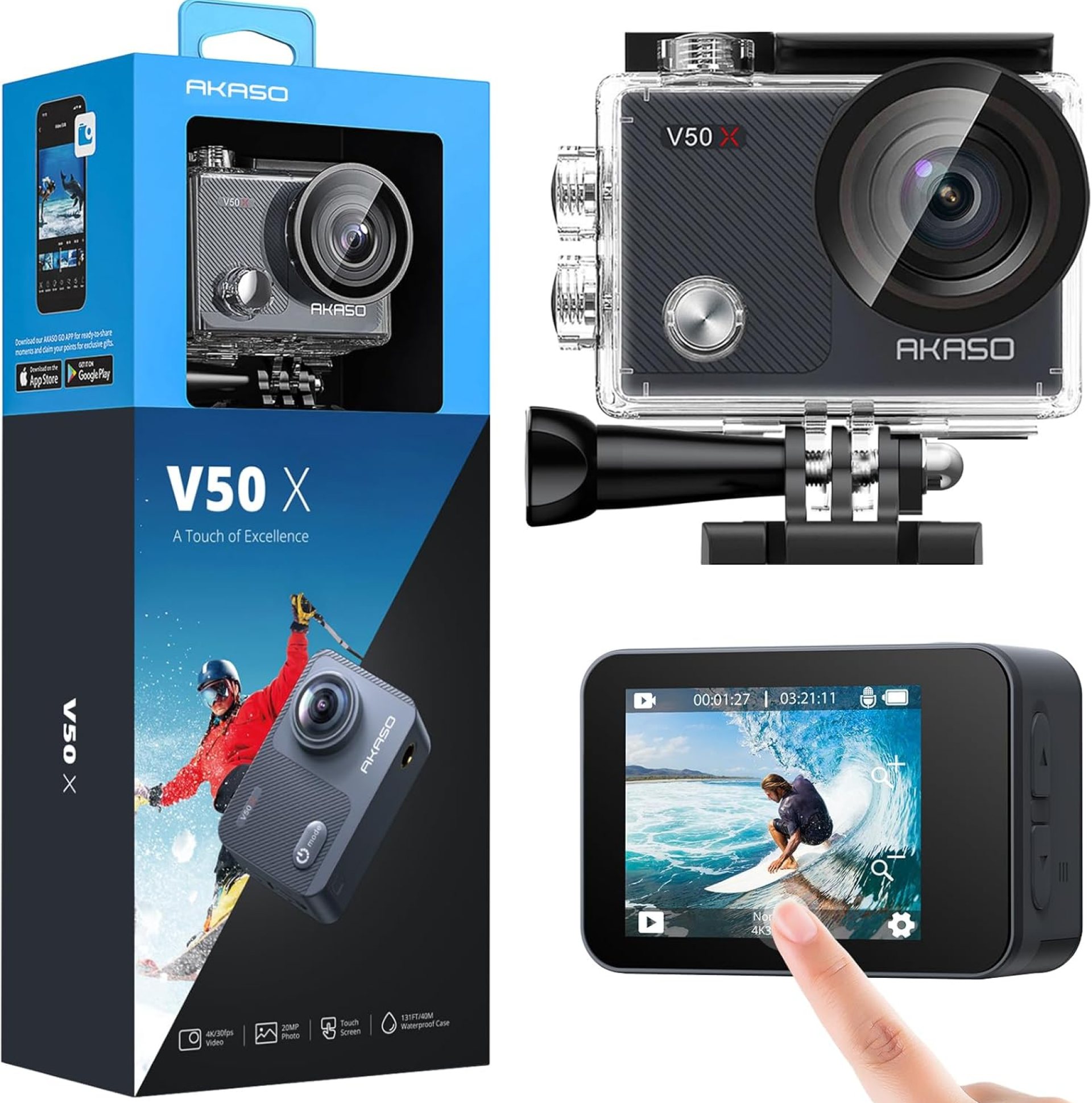 AKASO V50 X Action Camera, Native 4K Wifi Underwater 40M EIS Anti-Shake Cam with Touch Screen, Remote Control, Waterproof Case and Mounting Accessories Kit AKASO V50 X Action Camera, Native 4K Wifi Underwater 40M EIS Anti-Shake Cam with Touch Screen, Remote Control, Waterproof Case and Mounting Accessories Kit