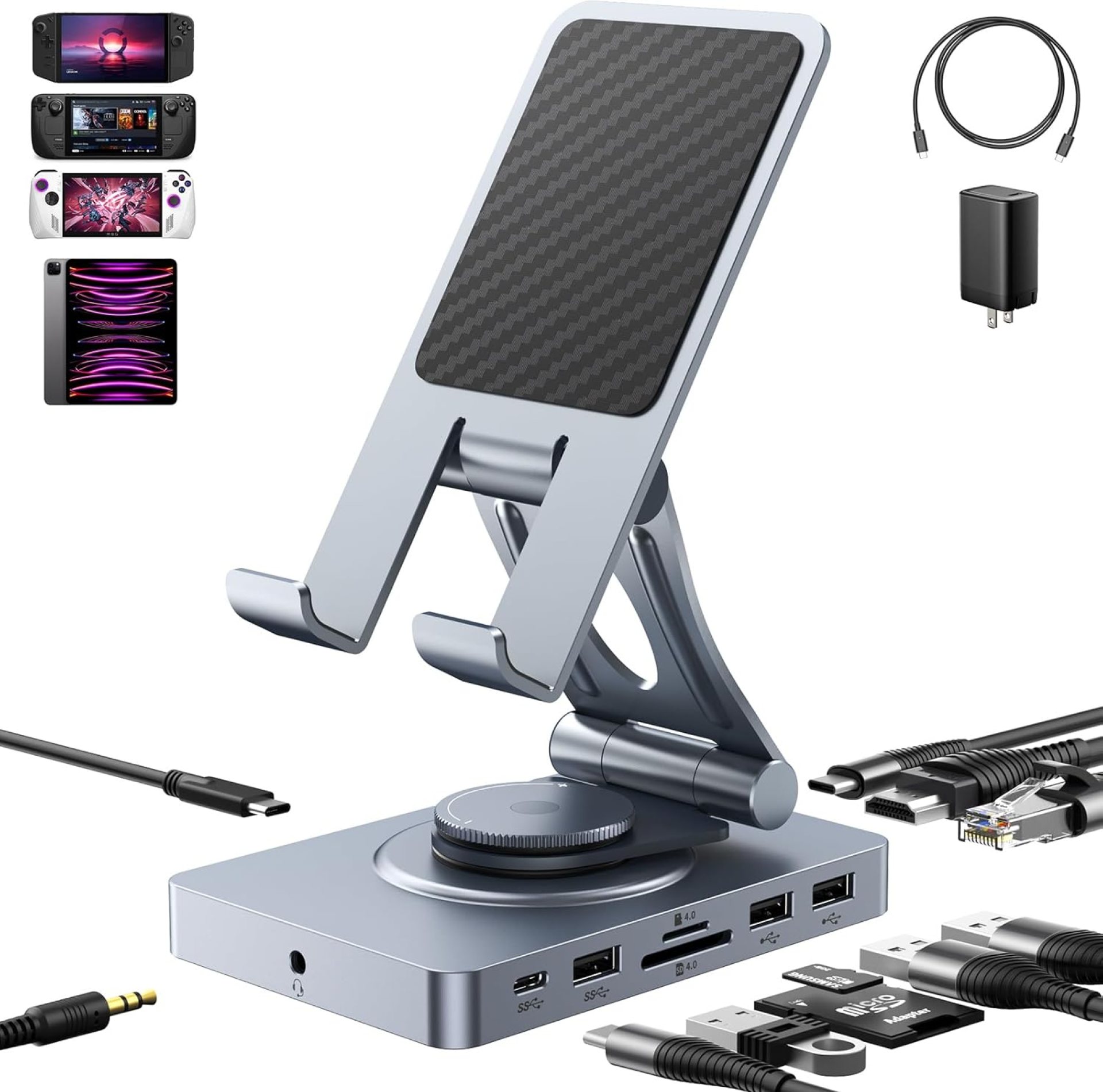 Versatile USB C Docking Station for iPad (USB-C), 11-in-1 with SD TF 4.0 Reader, 4K@60Hz HDMI, RJ45, Audio, USB A, USB c, Rotatable, Also for Tablet, Steam Deck, ROG Ally, Legion Go, with 65W Adapter Versatile USB C Docking Station for iPad (USB-C), 11-in-1 with SD TF 4.0 Reader, 4K@60Hz HDMI, RJ45, Audio, USB A, USB c, Rotatable, Also for Tablet, Steam Deck, ROG Ally, Legion Go, with 65W Adapter