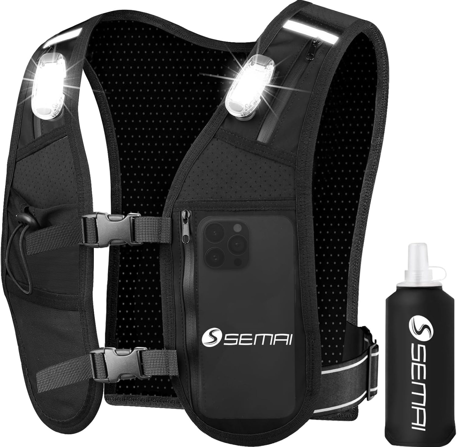 semai LED Running Vest Women & Mens Reflective Vest, Adjustable Chest Straps Running Hydration Vest with 500ml Water Bottle, 6 Pockets With Phone Holder & Storage for Marathon, Night Running, Cycling semai LED Running Vest Women & Mens Reflective Vest, Adjustable Chest Straps Running Hydration Vest with 500ml Water Bottle, 6 Pockets With Phone Holder & Storage for Marathon, Night Running, Cycling
